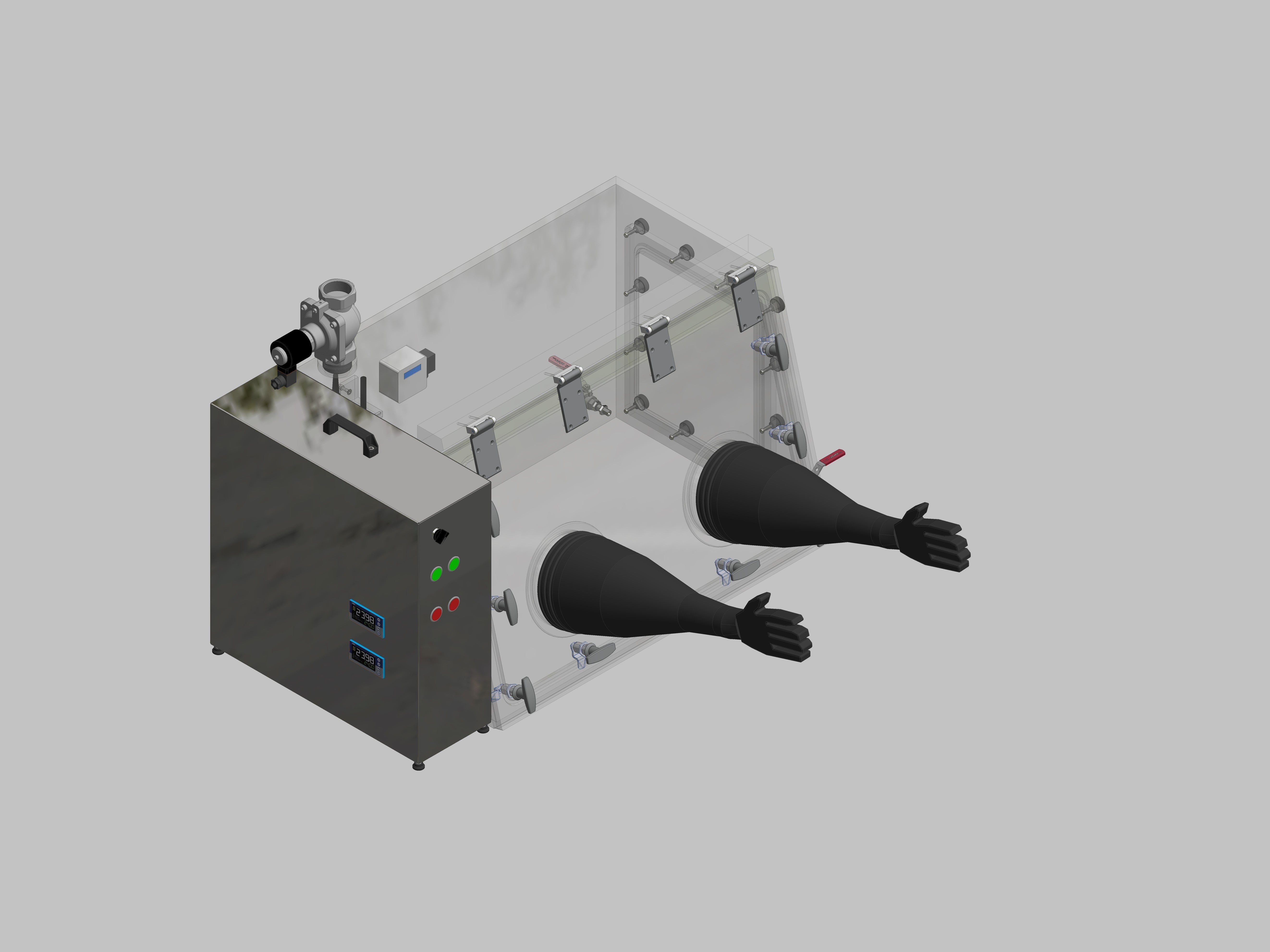 Glovebox aus Acryl> Gasbefüllung: Spülautomatik mit Druckregelung, Frontausführung: Schwenkbar nach oben, Seitenausführung: Flansch abnehmbar Steuerung: Sauerstoff- und Feuchteregler