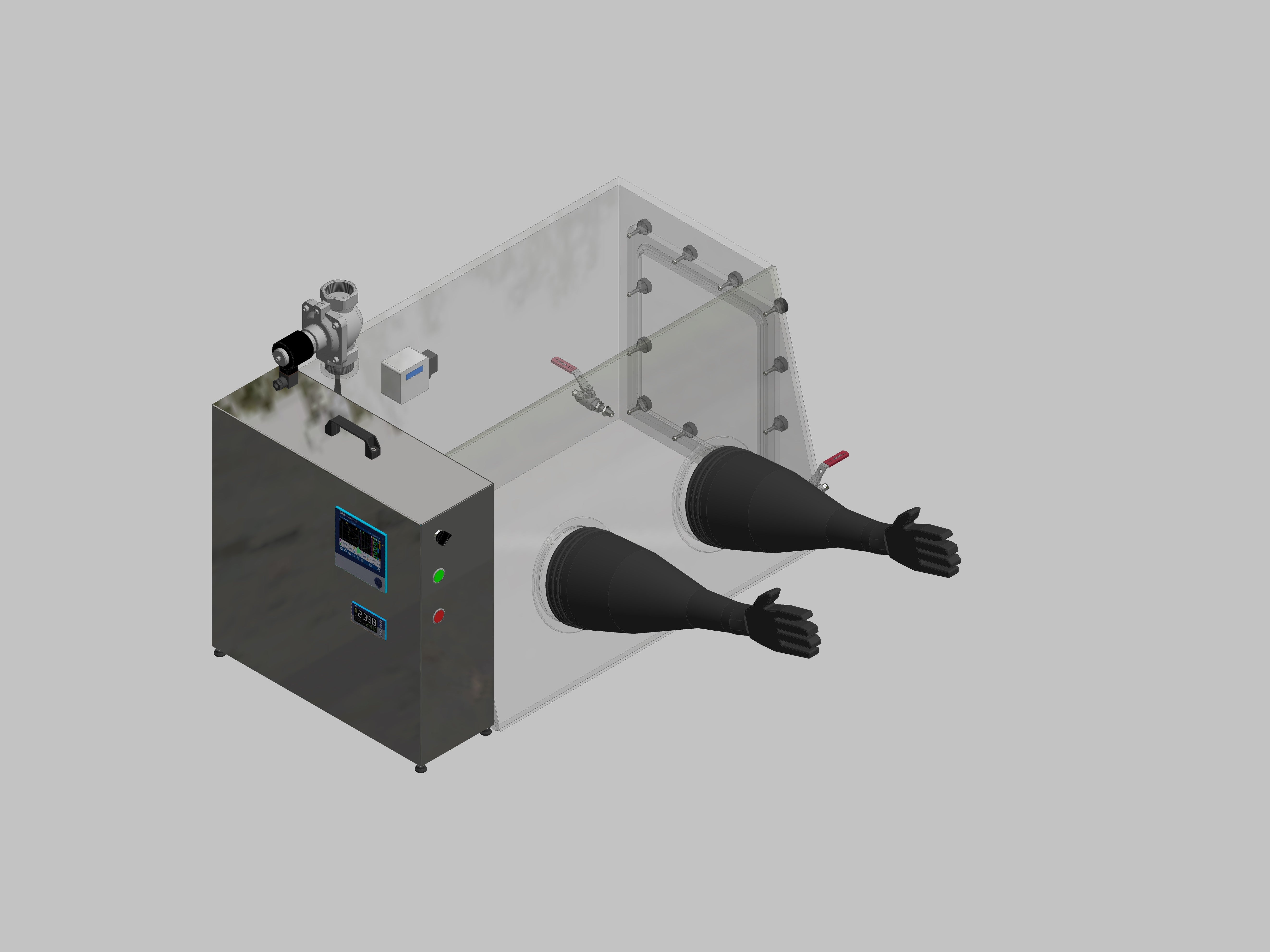 Glovebox aus Acryl> Gasbefüllung: Spülautomatik mit Druckregelung, Frontausführung: Standard, Seitenausführung: Flansch abnehmbar Steuerung: Sauerstoffregler mit Datenlogger