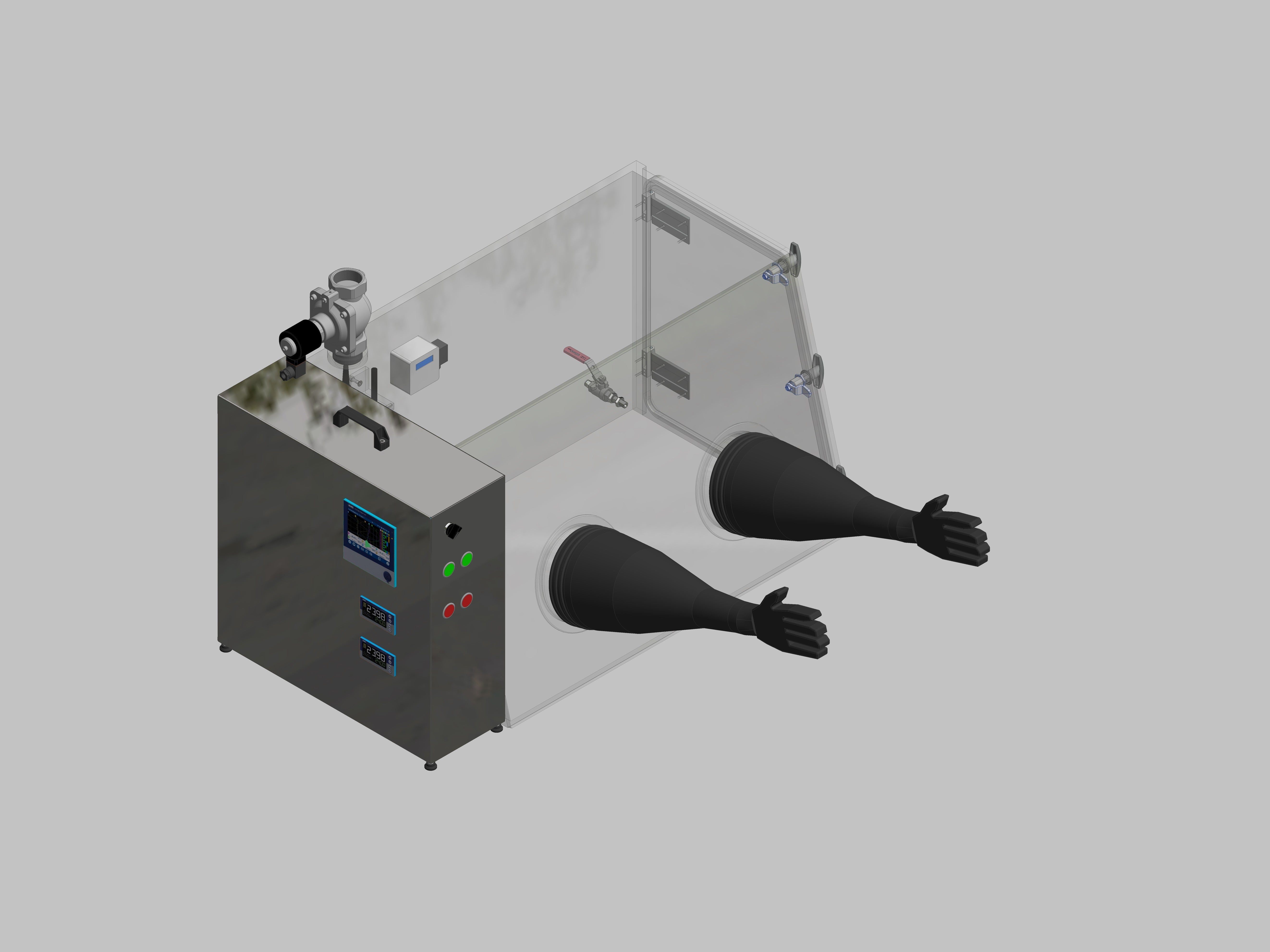 Glovebox aus Acryl> Gasbefüllung: Spülautomatik mit Druckregelung, Frontausführung: Standard, Seitenausführung: Flügeltüre Steuerung: Feuchteregler und Sauerstoffanzeige mit Datenlogger