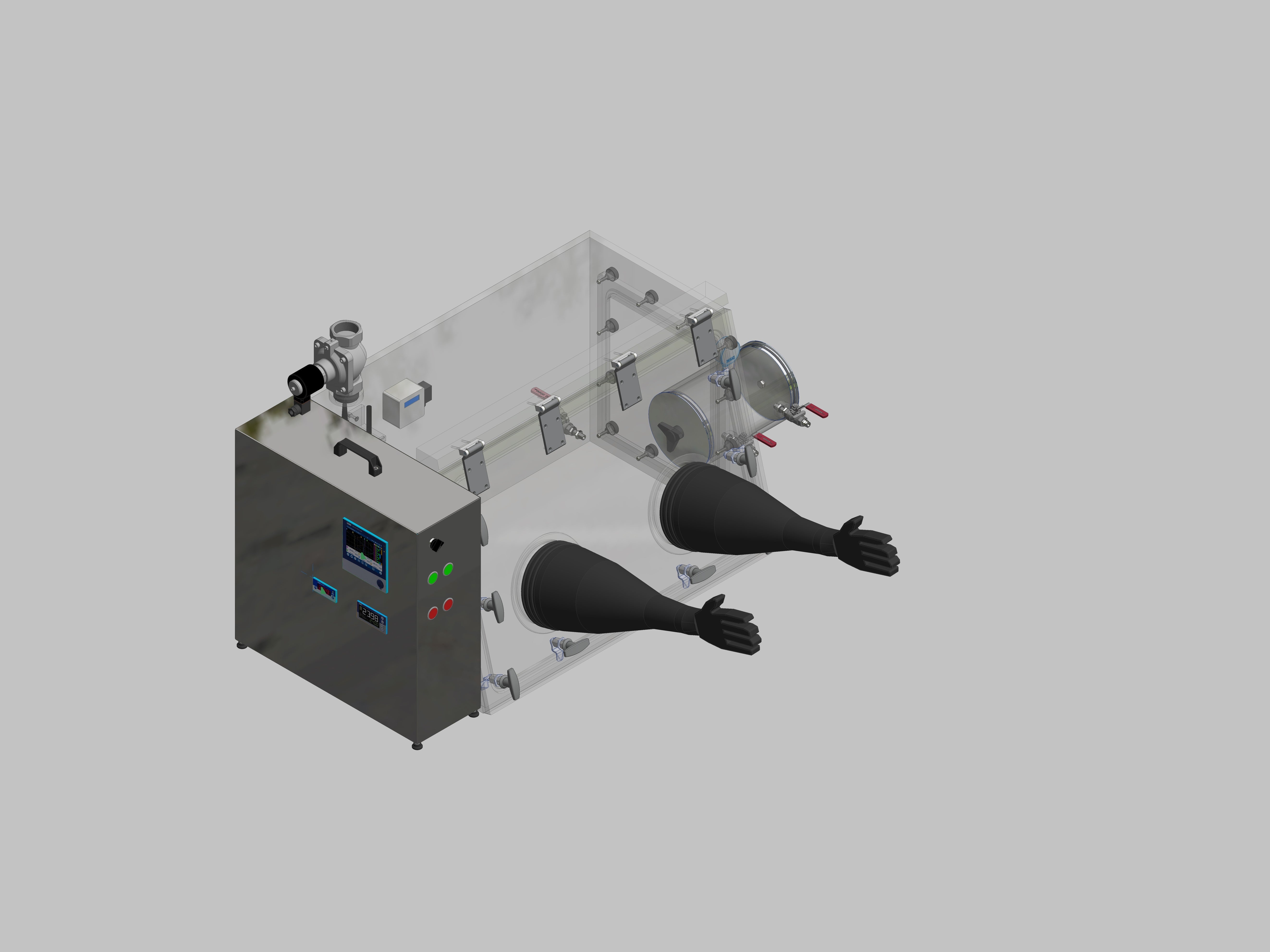 Glovebox aus Acryl> Gasbefüllung: Spülautomatik mit Druckregelung, Frontausführung: Schwenkbar nach oben, Seitenausführung: Vakuumschleuse rund, Steuerung: Sauerstoffregler und Feuchteanzeige mit Datenlogger