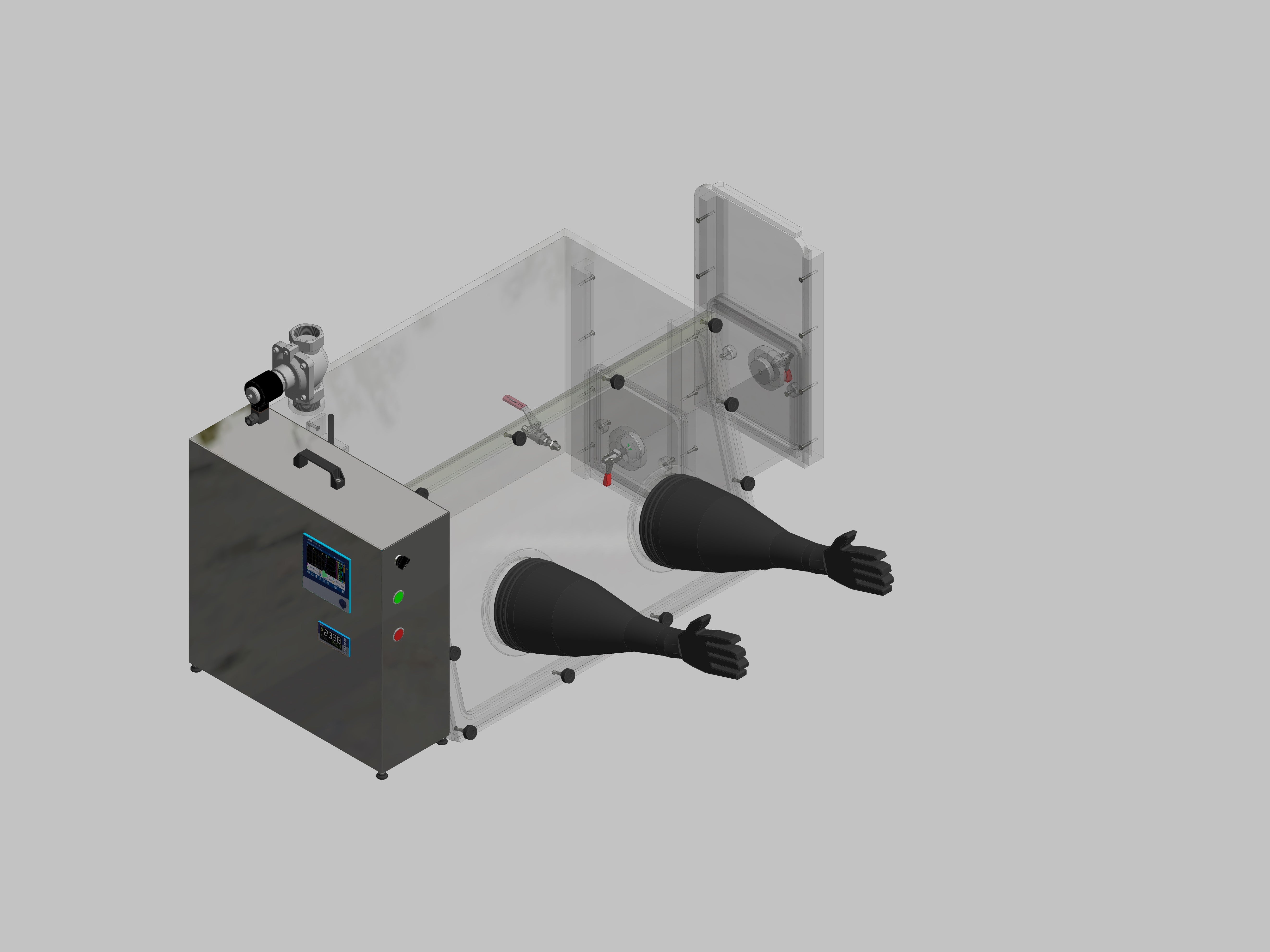 Glovebox aus Acryl> Gasbefüllung: Spülautomatik mit Druckregelung, Frontausführung: abnehmbar Seitenausführung: Rechteckschleuse Steuerung: Feuchteregler mit Datenlogger