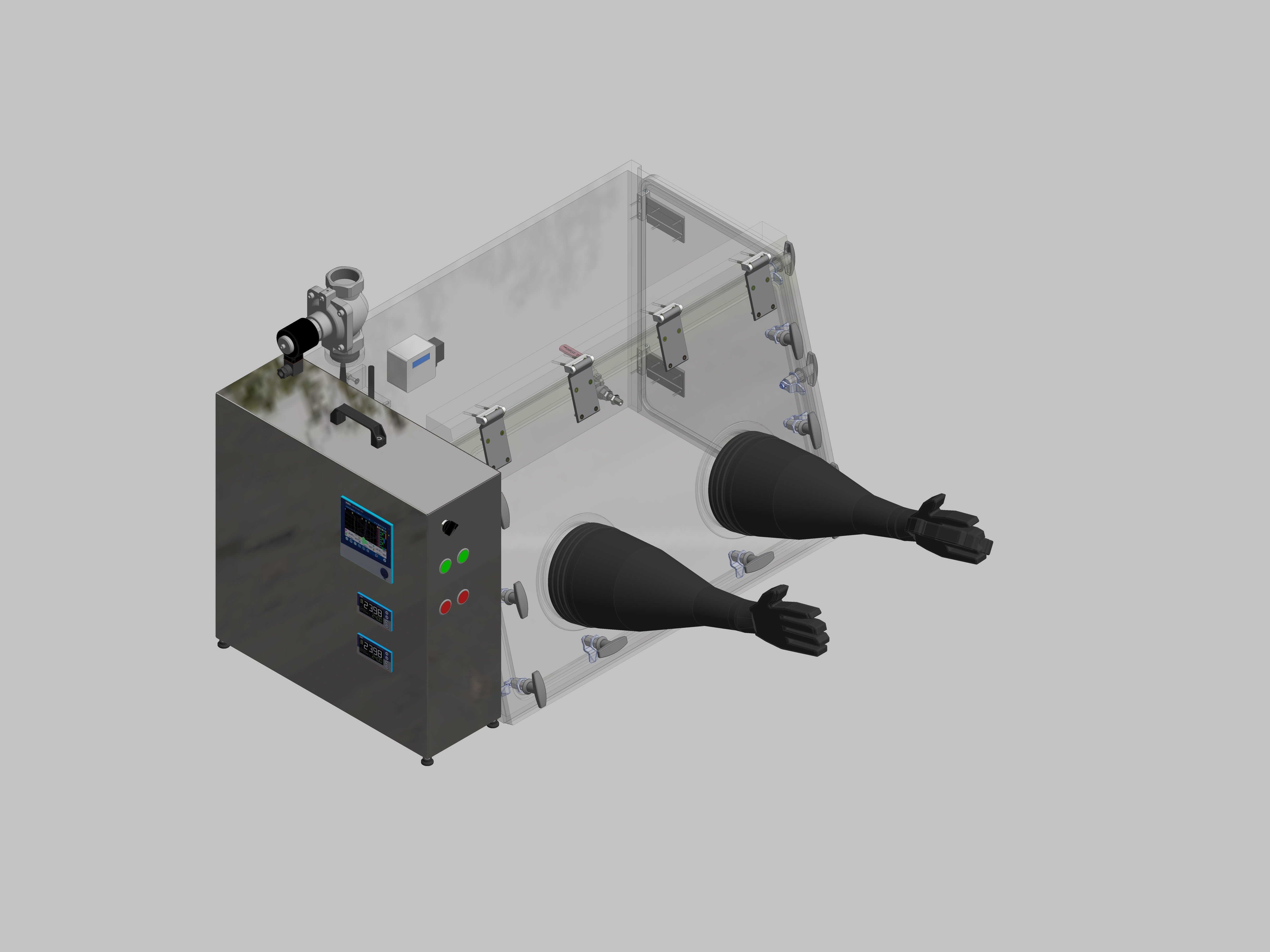 Glovebox made of acrylic&gt; Gas filling: automatic flushing with pressure control, front version: swivels upwards, side version: wing doors control: humidity controller and oxygen display with data logger