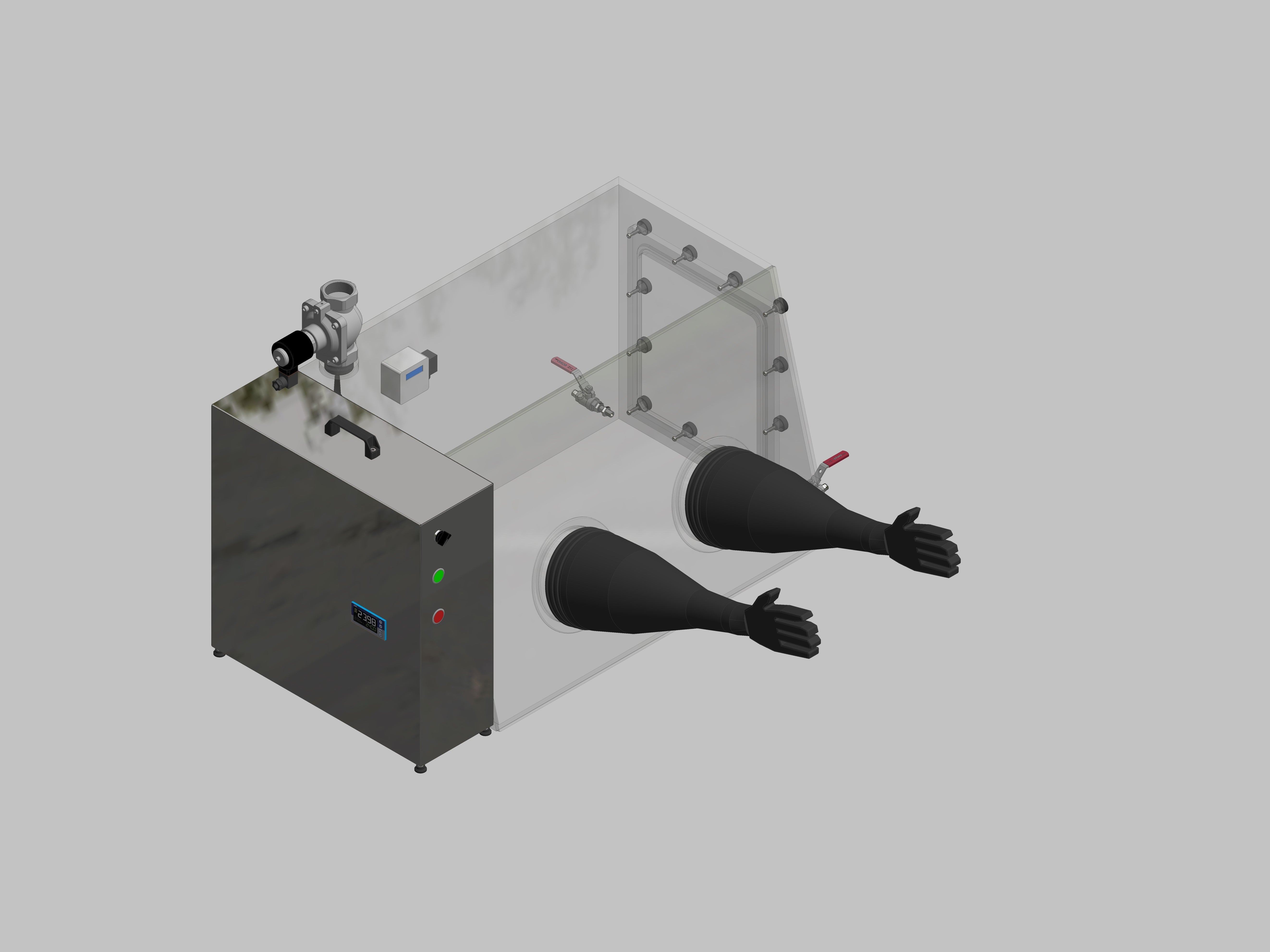 Glovebox aus Acryl> Gasbefüllung: Spülautomatik mit Druckregelung, Frontausführung: Standard, Seitenausführung: Flansch abnehmbar Steuerung: Sauerstoffregler