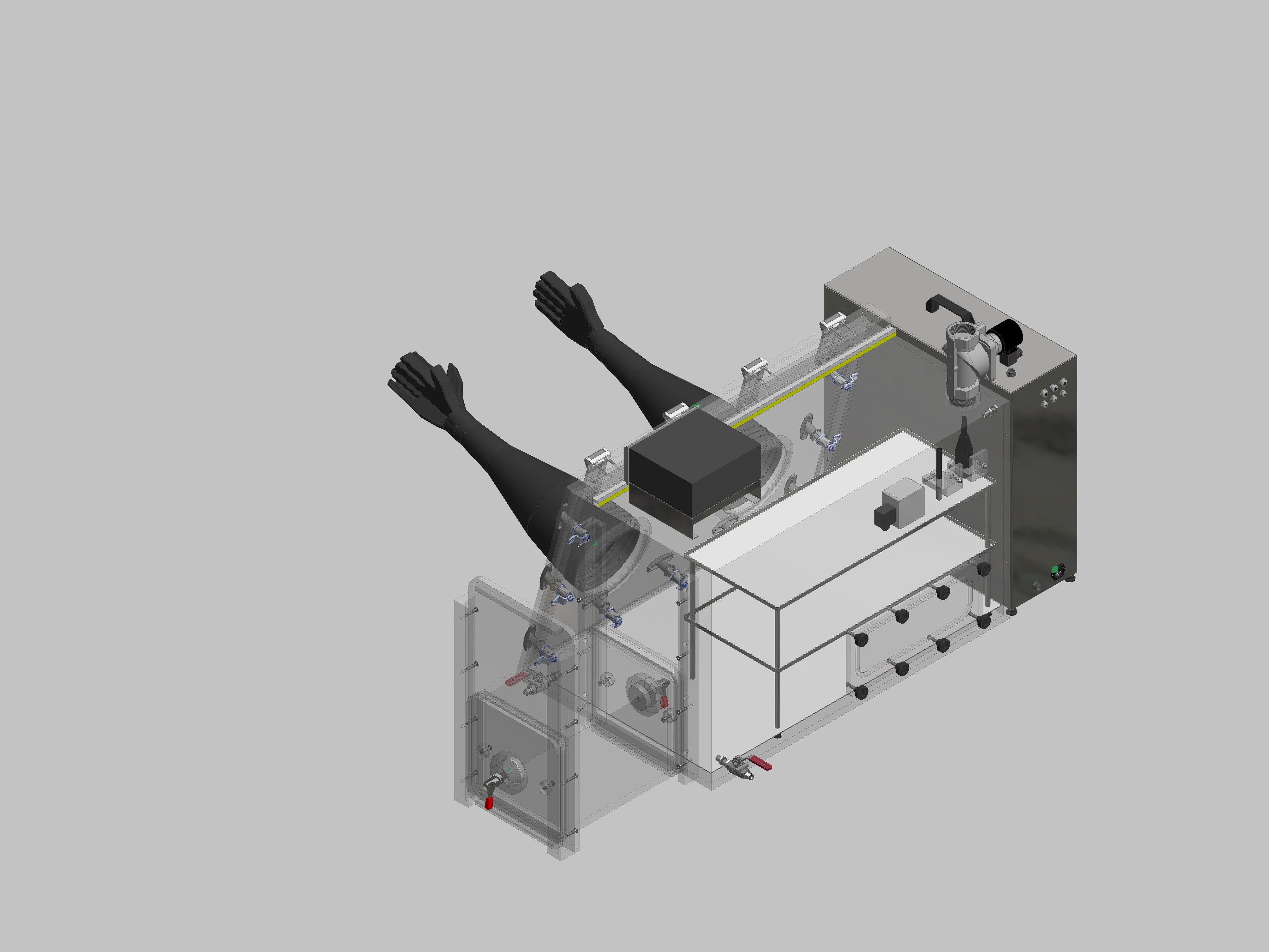 Glovebox aus Acryl> Gasbefüllung: Spülautomatik mit Druckregelung, Frontausführung: Schwenkbar nach oben, Seitenausführung: Rechteckschleuse Steuerung: Sauerstoff-und Feuchteregler mit Datenlogger