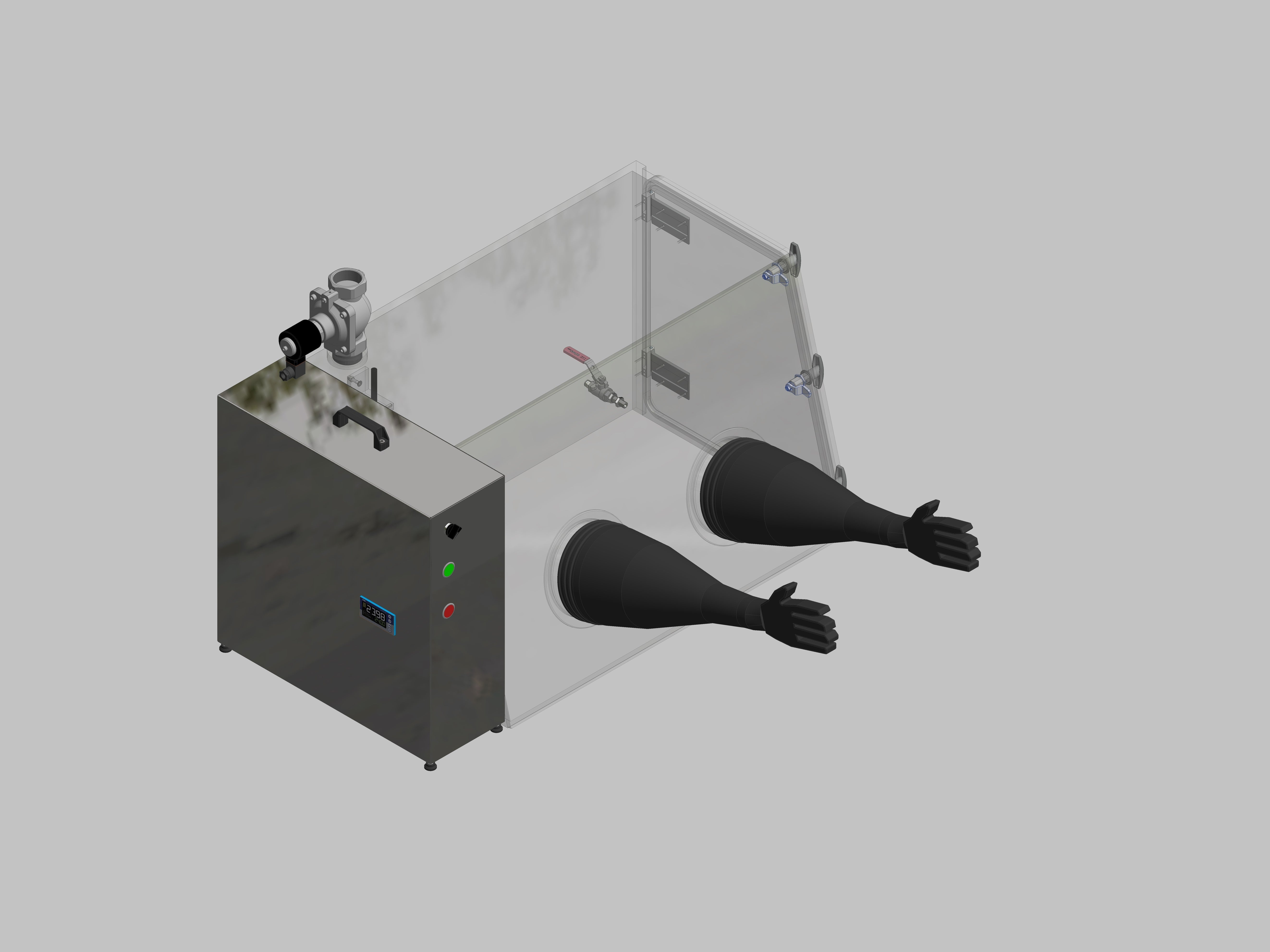 Glovebox aus Acryl> Gasbefüllung: Spülautomatik mit Druckregelung, Frontausführung: Standard, Seitenausführung: Flügeltüre