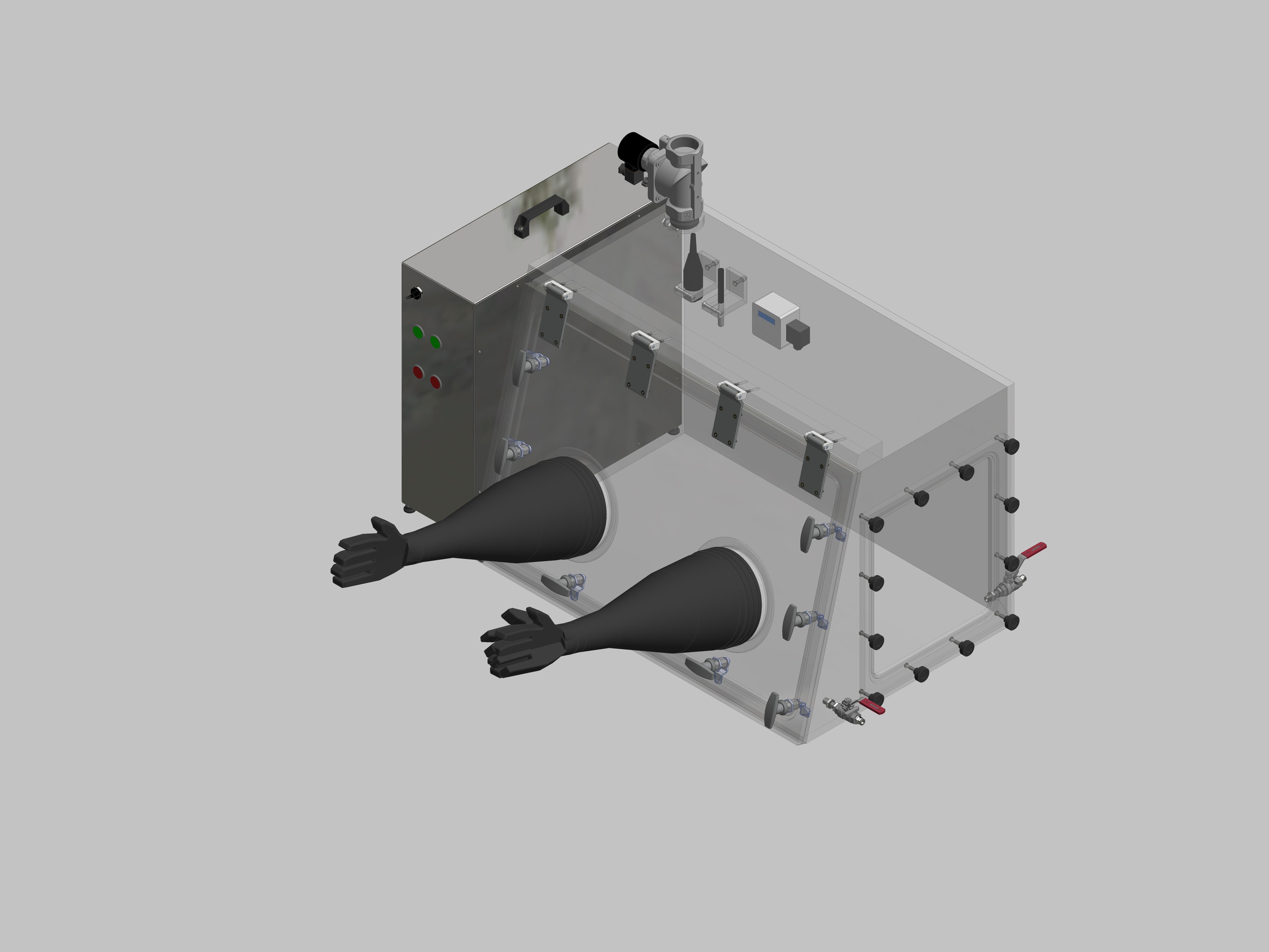 Glovebox aus Acryl> Gasbefüllung: Spülautomatik mit Druckregelung, Frontausführung: Schwenkbar nach oben, Seitenausführung: Flansch abnehmbar Steuerung: Feuchteregler mit Sauerstoffanzeige