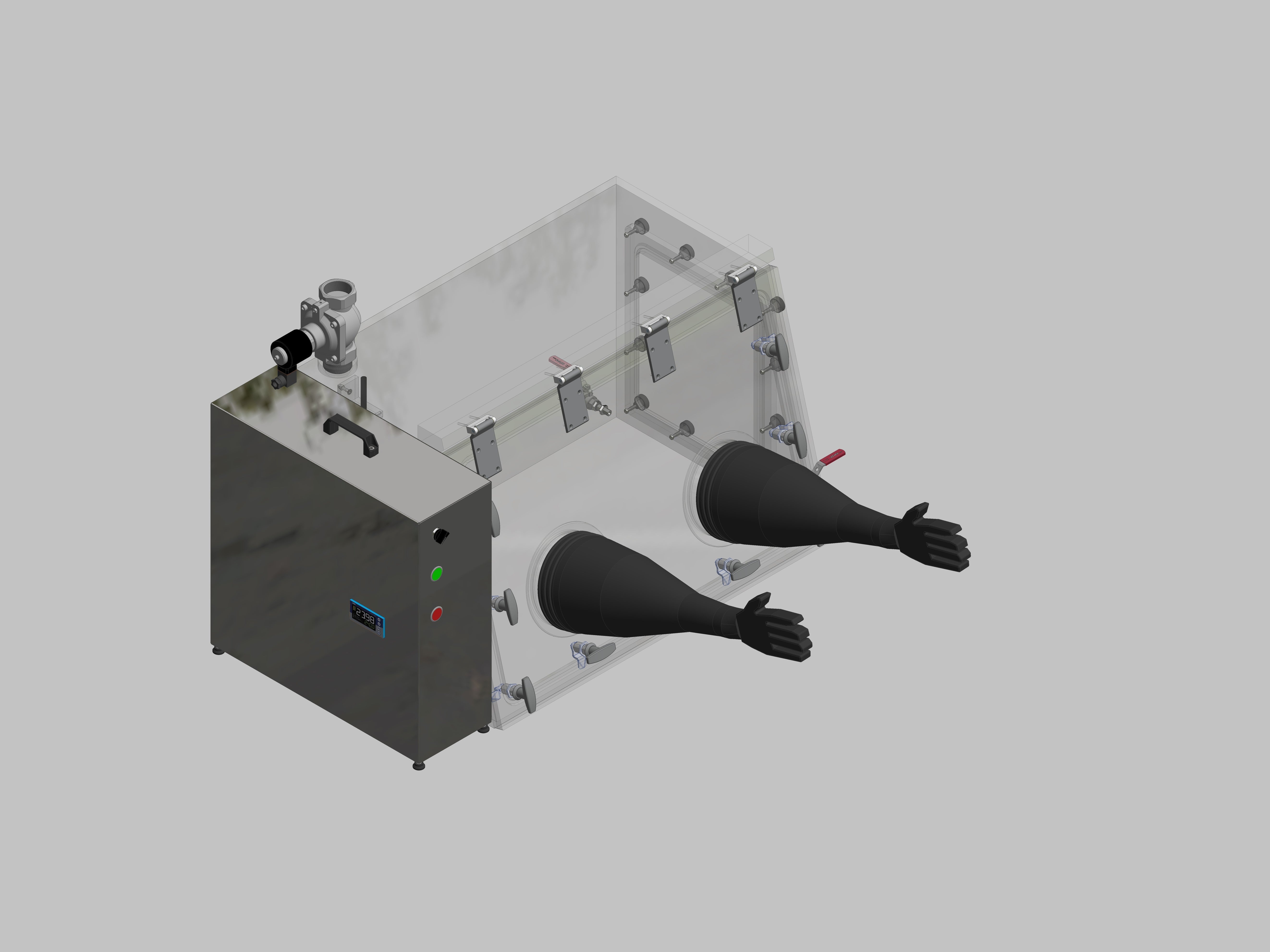 Glovebox aus Acryl> Gasbefüllung: Spülautomatik mit Druckregelung, Frontausführung: Schwenkbar nach oben, Seitenausführung: Flansch abnehmbar