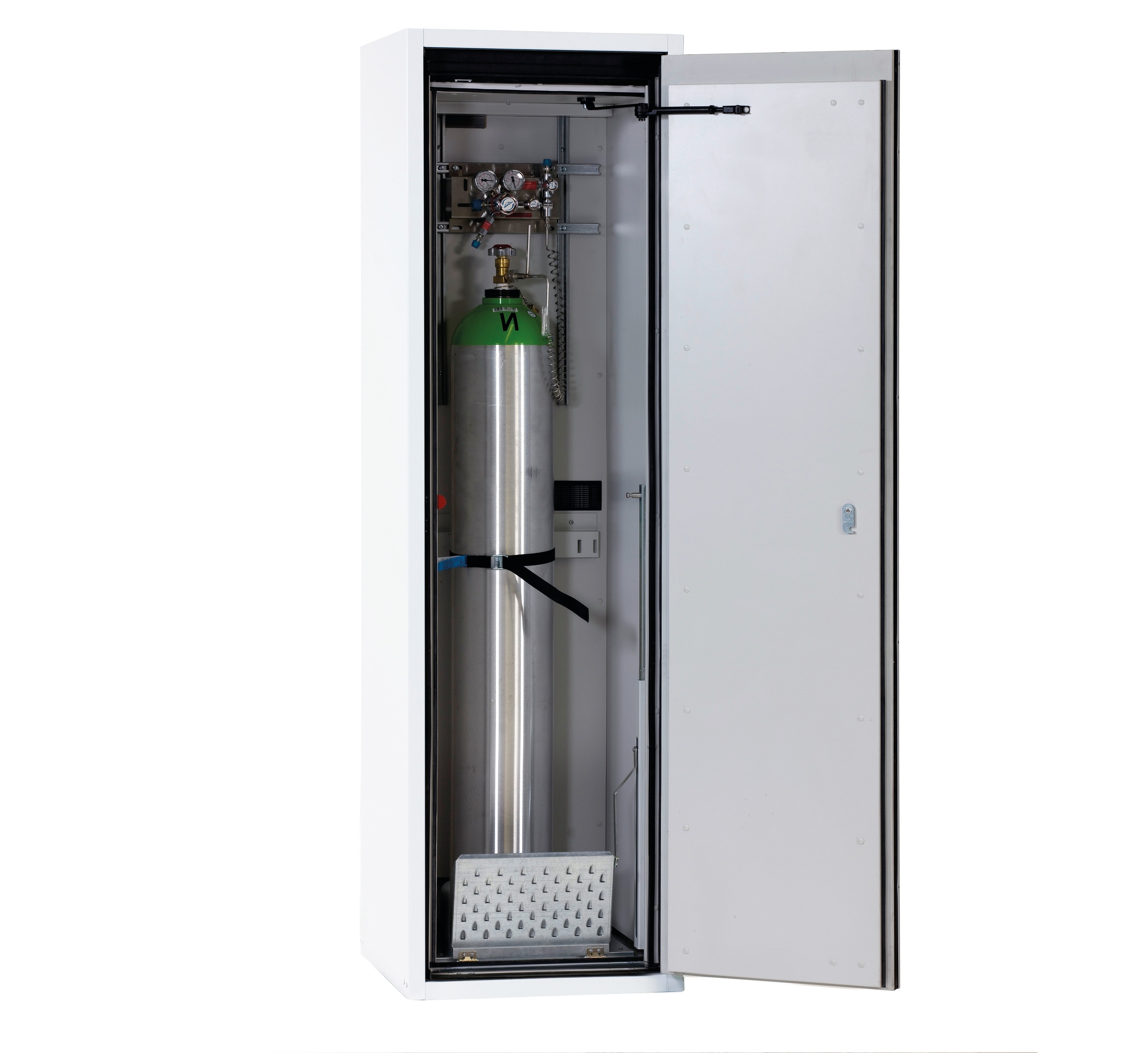 Type 90 compressed gas bottle cabinet G-ULTIMATE-90 model G90.205.060.R in laboratory white (similar to RAL 9016) with comfortable interior fittings for 1x compressed gas bottles of 50 liters each