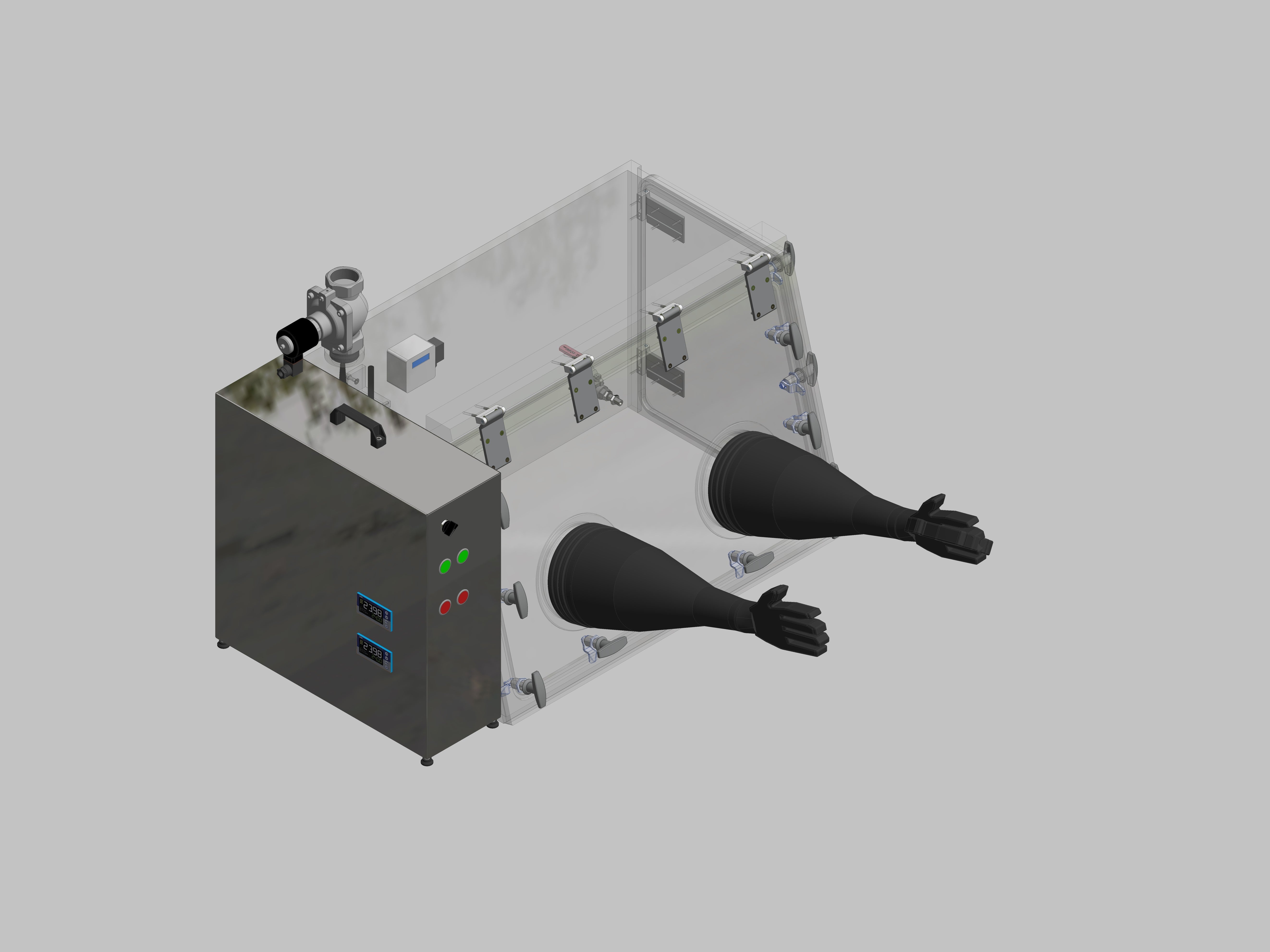 Glovebox made of acrylic&gt; Gas filling: automatic flushing with pressure control, front design: swivels upwards, side design: hinged doors, control: humidity regulator with oxygen display