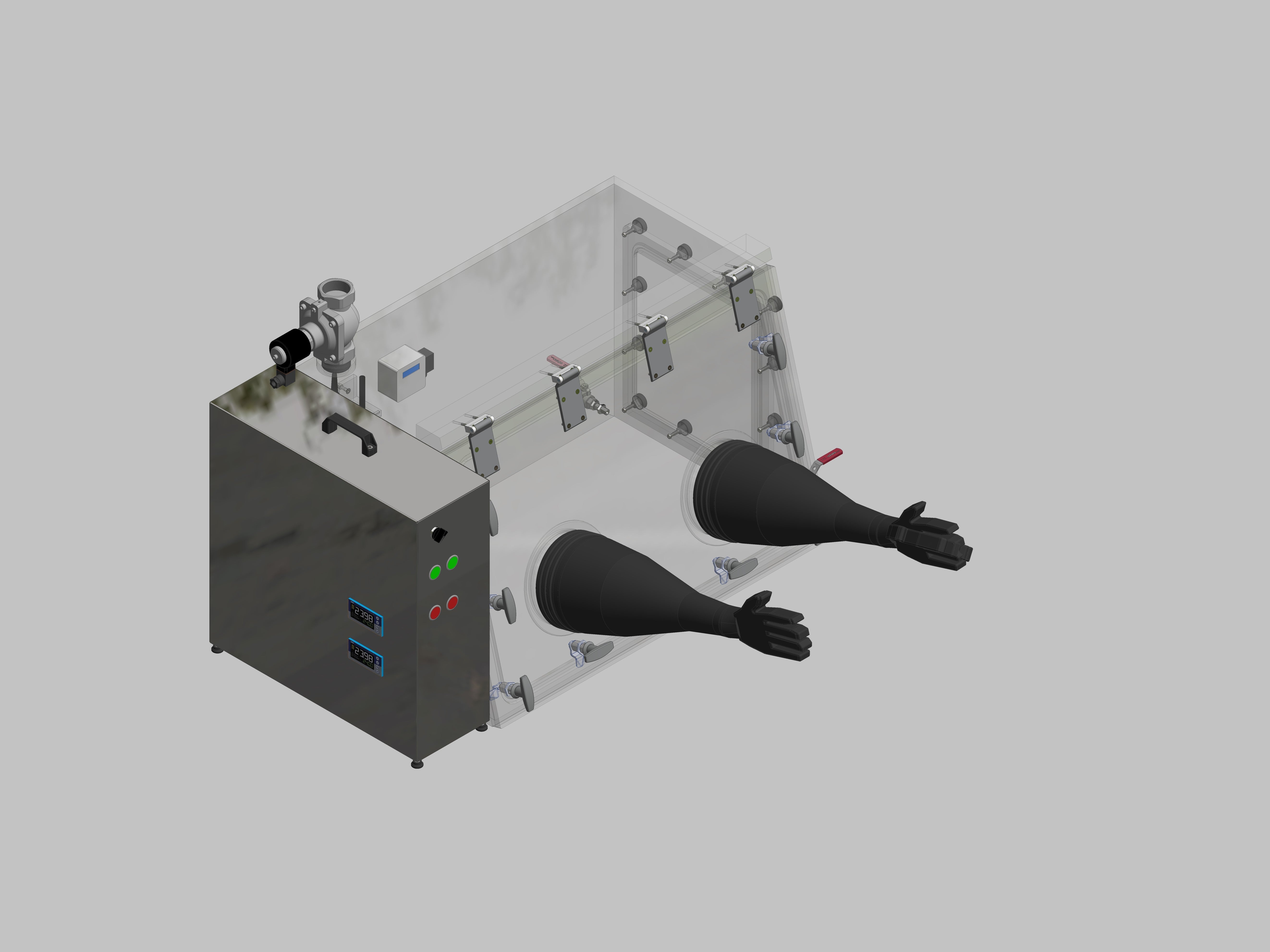Glovebox aus Acryl> Gasbefüllung: Spülautomatik mit Druckregelung, Frontausführung: Schwenkbar nach oben, Seitenausführung: Flansch abnehmbar Steuerung: Feuchteregler mit Sauerstoffanzeige