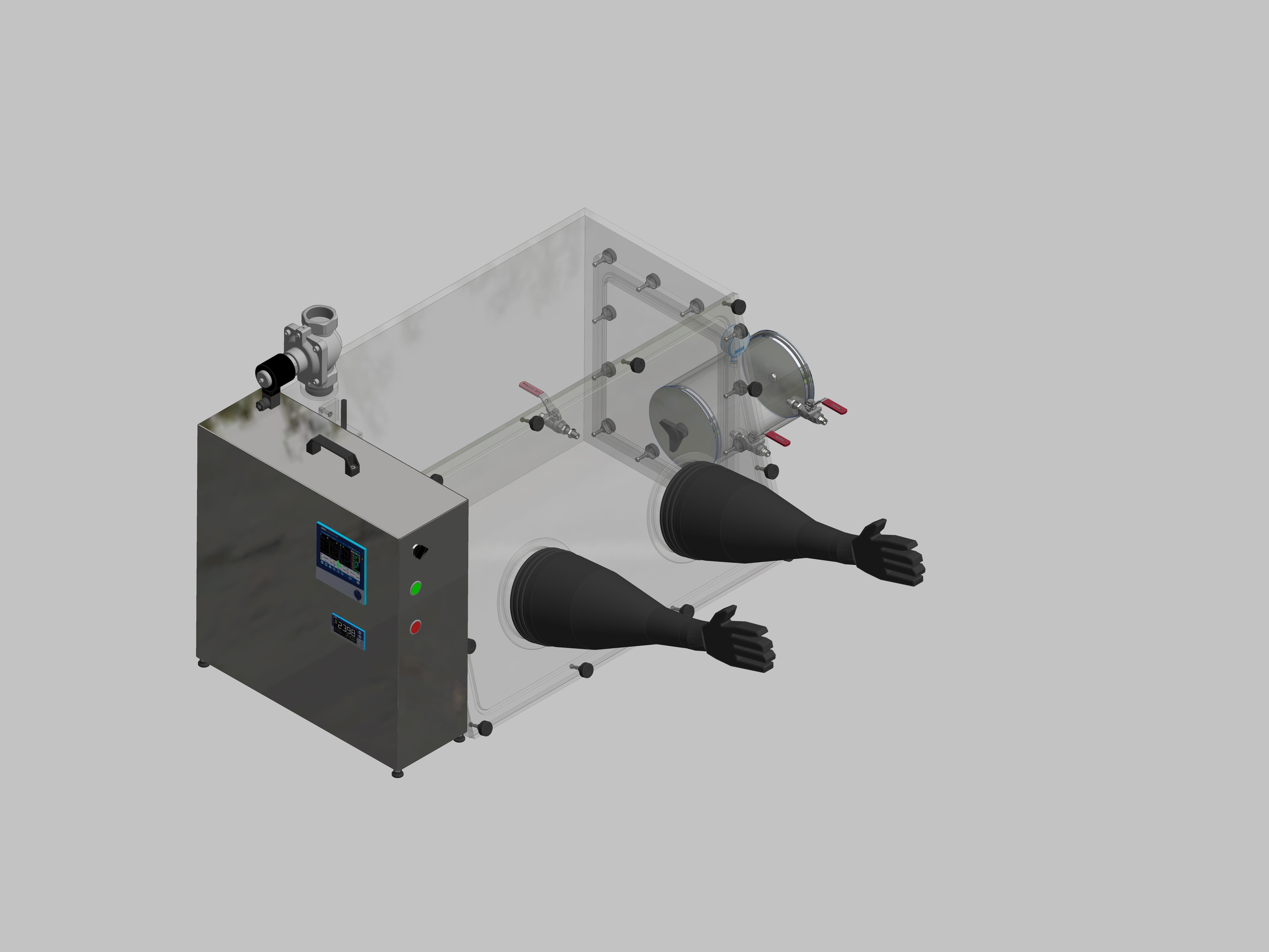 Glovebox aus Acryl> Gasbefüllung: Spülautomatik mit Druckregelung, Frontausführung: abnehmbar Seitenausführung: Vakuumschleuse rund, Steuerung: Feuchteregler mit Datenlogger