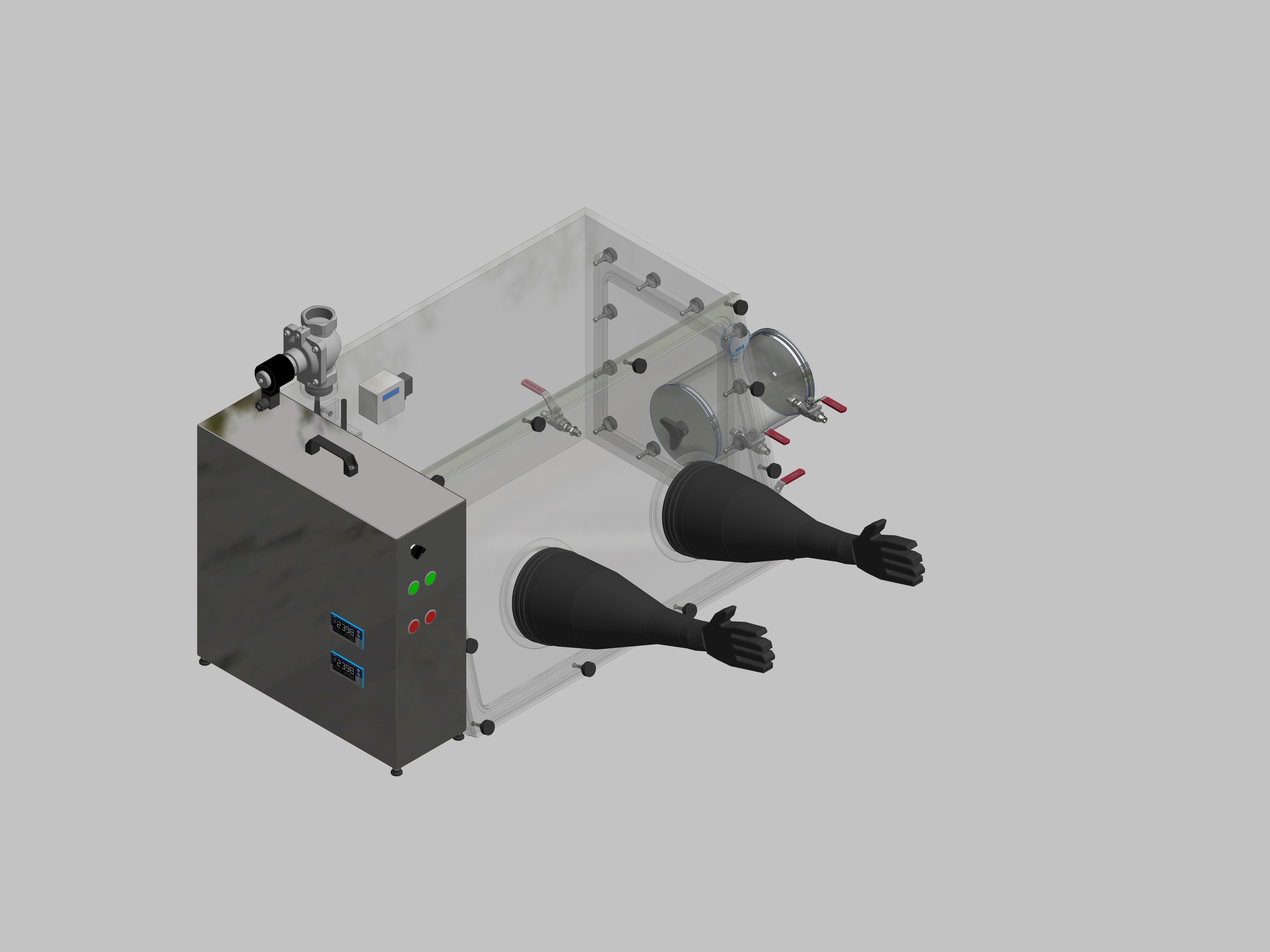 Glovebox aus Acryl> Gasbefüllung: Spülautomatik mit Druckregelung, Frontausführung: abnehmbar Seitenausführung: Vakuumschleuse rund, Steuerung: Feuchteregler mit Sauerstoffanzeige