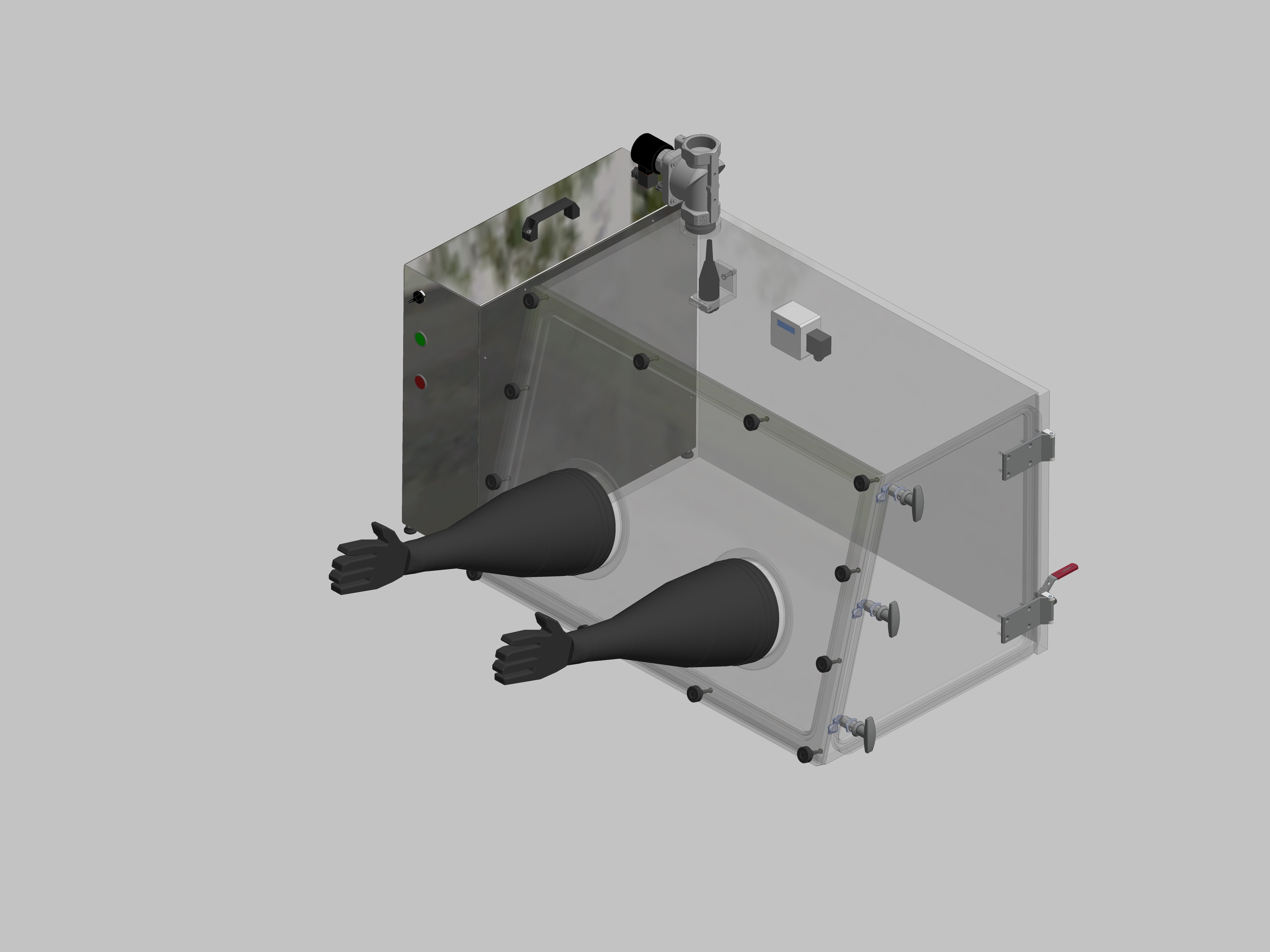 Glovebox aus Acryl> Gasbefüllung: Spülautomatik mit Druckregelung, Frontausführung: abnehmbar Seitenausführung: Flügeltüre Steuerung: Sauerstoffregler