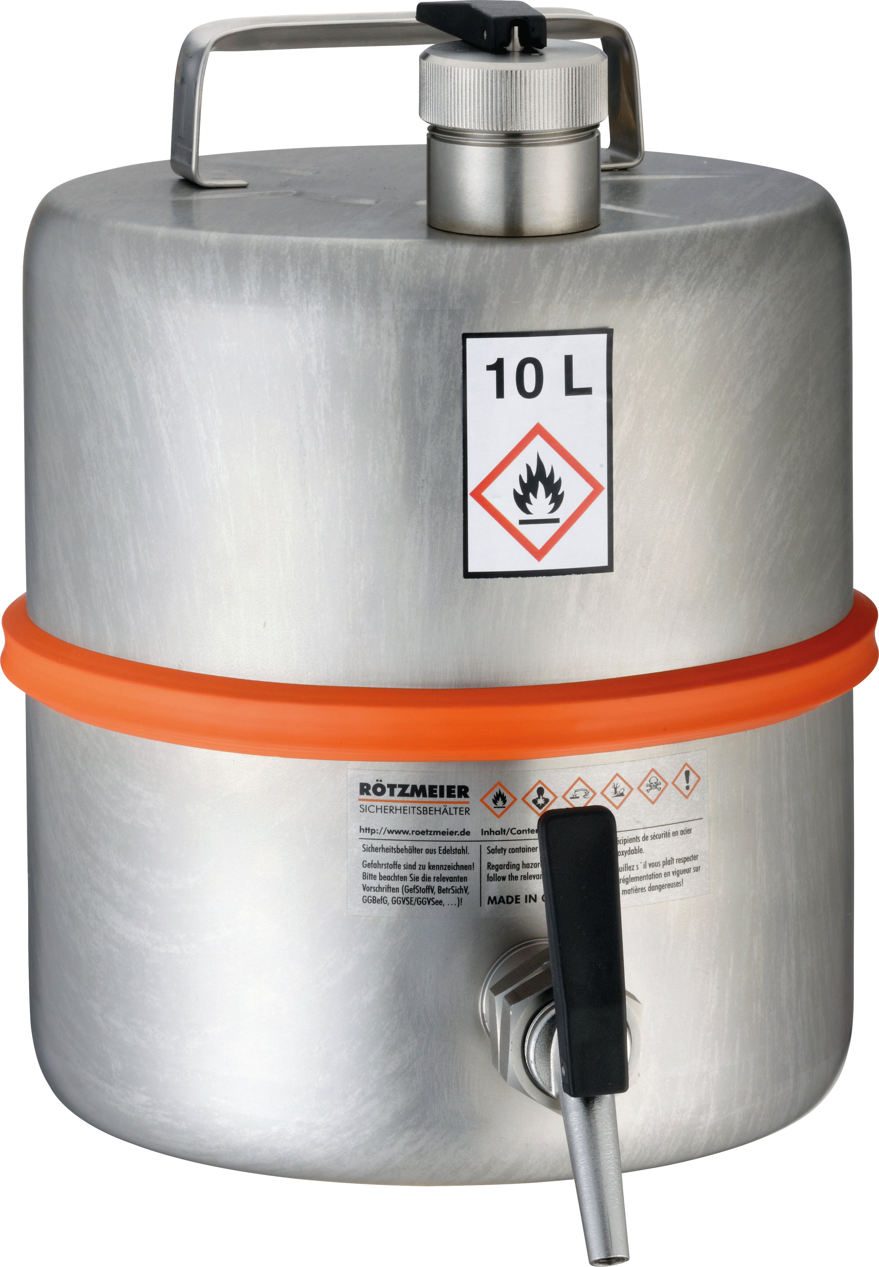 Récipient de sécurité debout acier inoxydable (1.4571), robinet, levier de ventilation, acier inoxydable 1.4571 matt