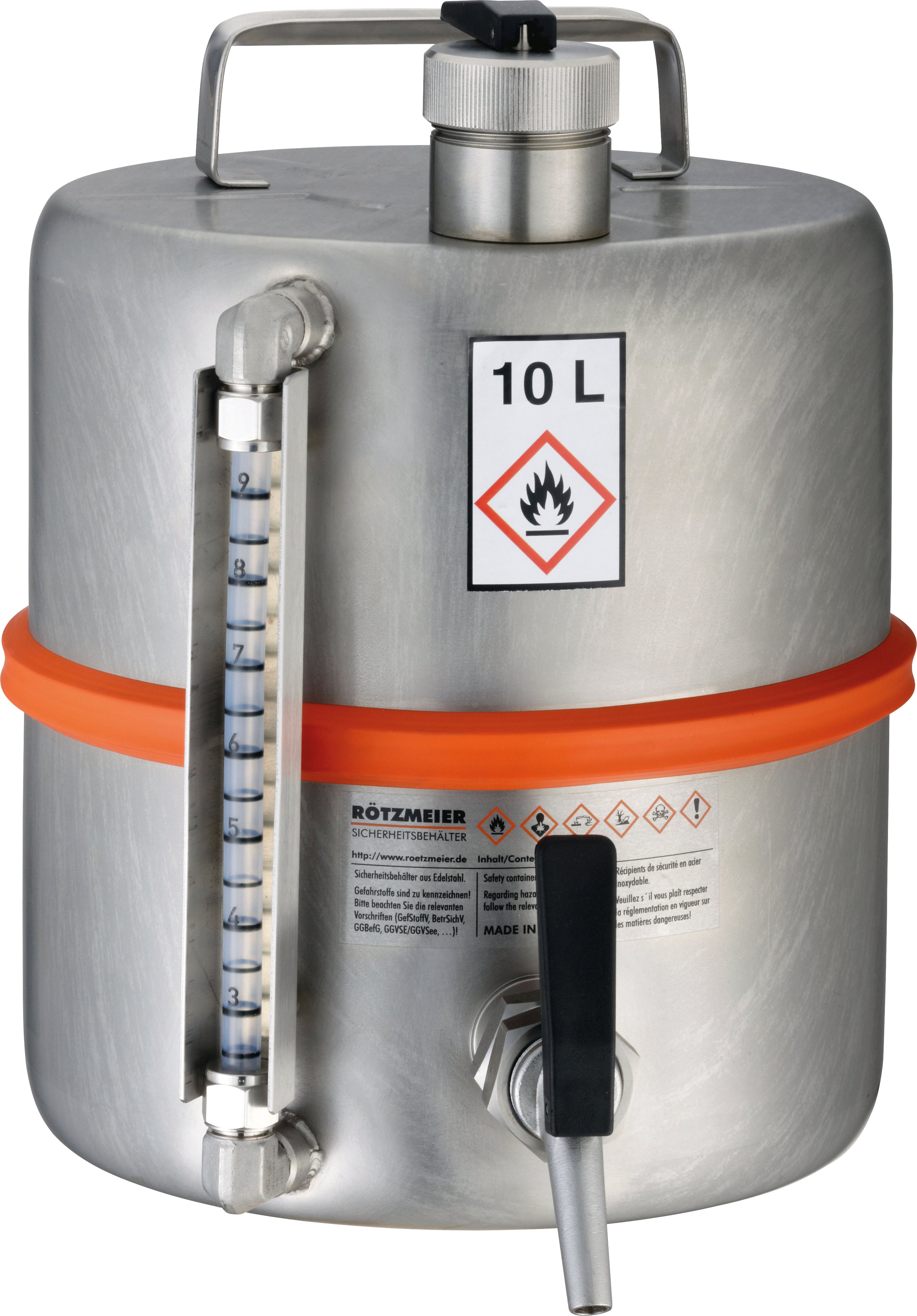 Récipient de sécurité debout acier inoxydable (1.4571), robinet, indicateur de niveau, acier inoxydable 1.4571 matt