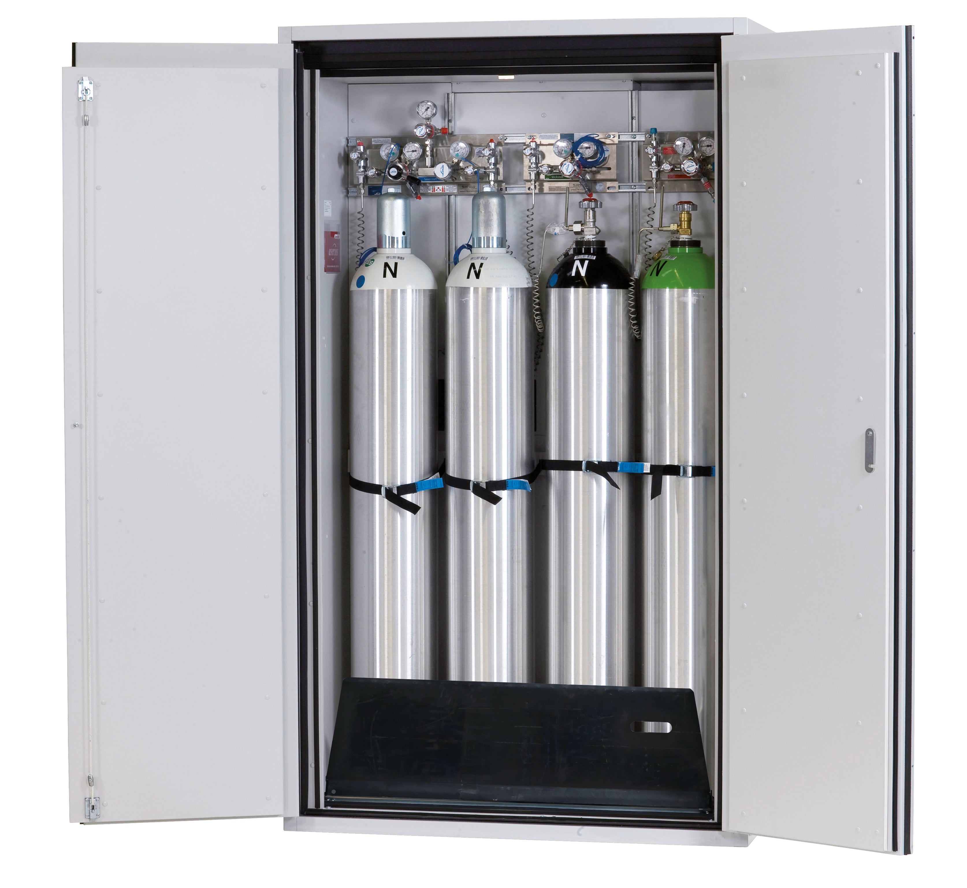 Type 90 compressed gas bottle cabinet G-ULTIMATE-90 model G90.205.120 in light gray RAL 7035 with standard interior fittings for 4x compressed gas bottles of 50 liters each