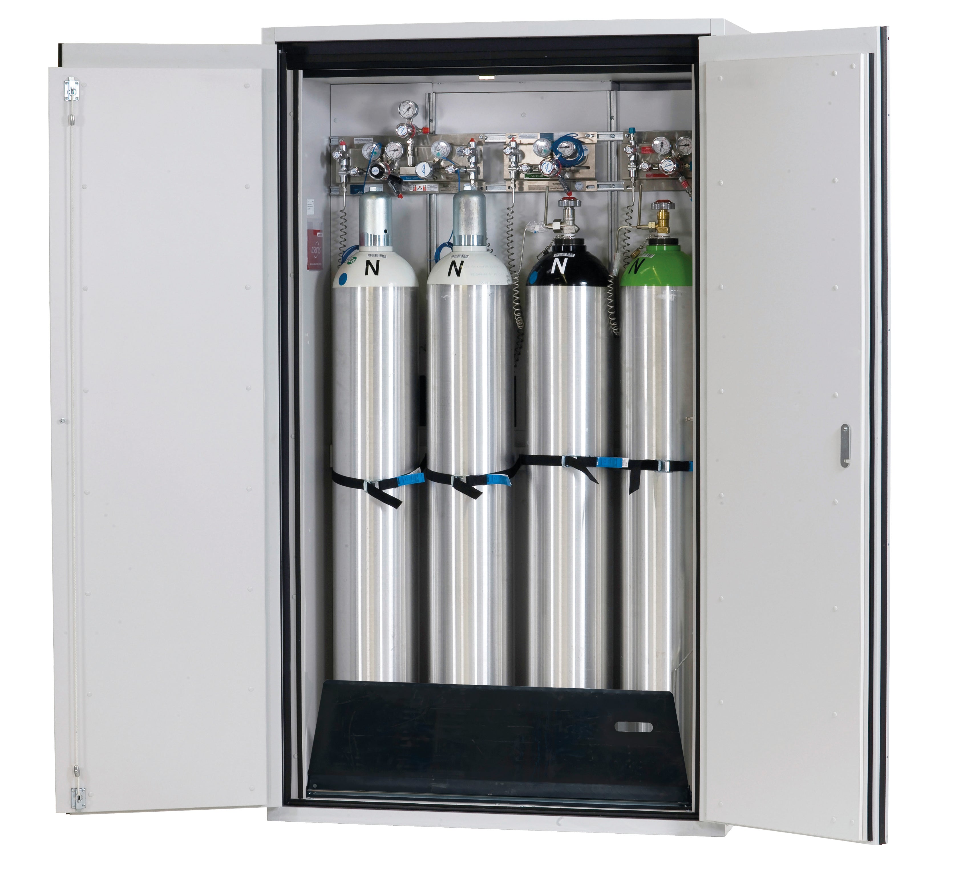 Type 90 compressed gas bottle cabinet G-ULTIMATE-90 model G90.205.120 in light gray RAL 7035 with comfortable interior fittings for 4x compressed gas bottles of 50 liters each
