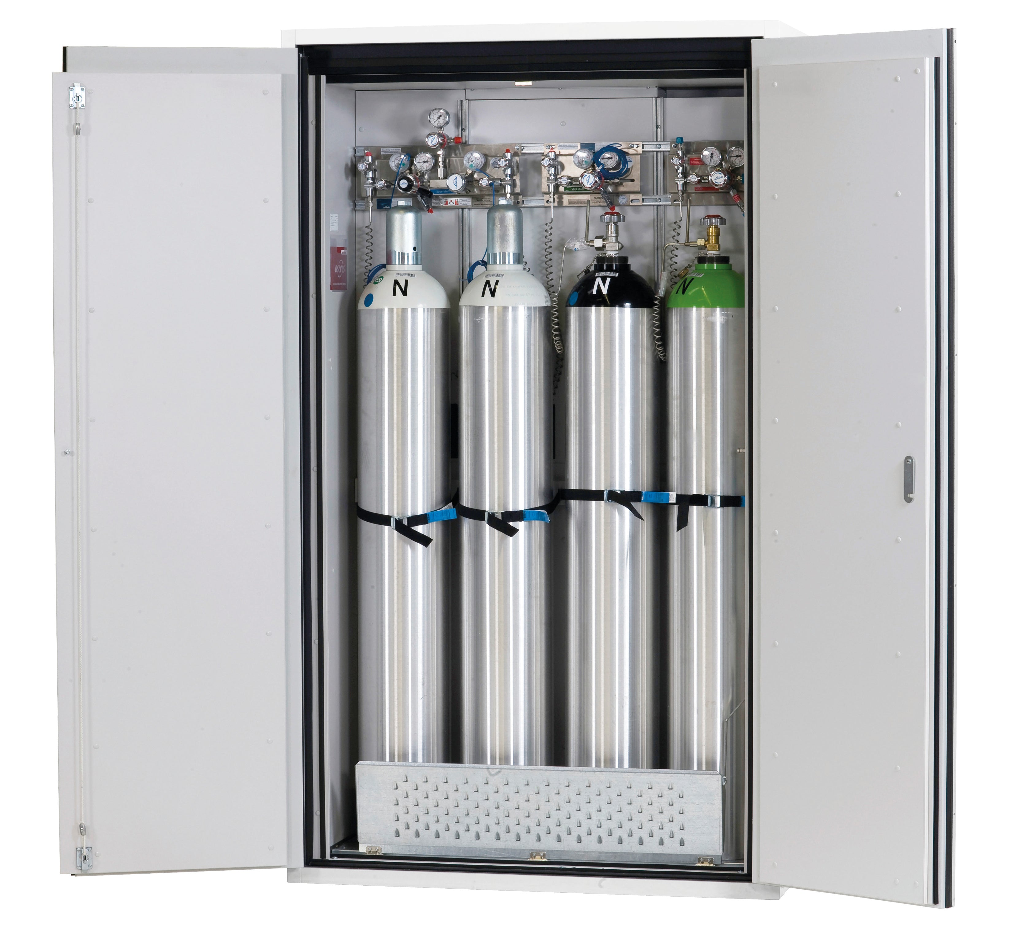 Type 90 compressed gas bottle cabinet G-ULTIMATE-90 model G90.205.120 in laboratory white (similar to RAL 9016) with comfortable interior fittings for 4x compressed gas bottles of 50 liters each