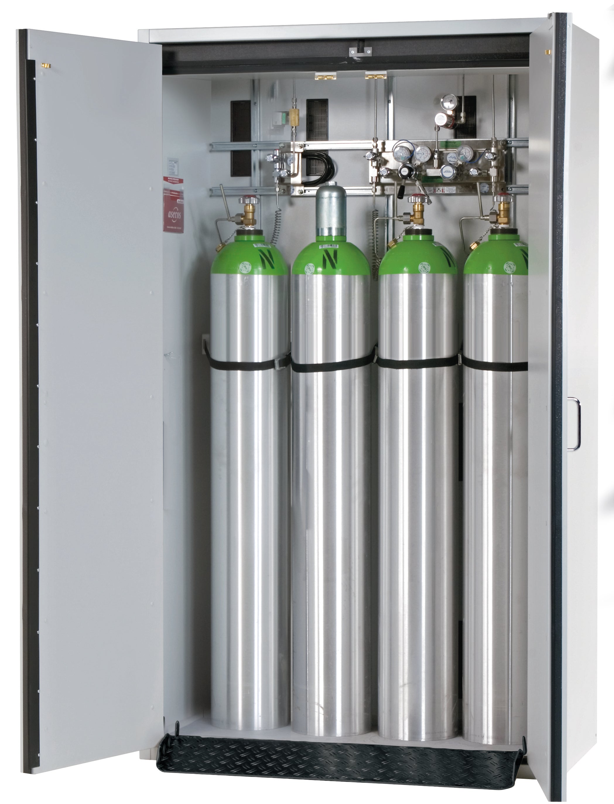 Type 30 compressed gas bottle cabinet G-CLASSIC-30 model G30.205.120 in light gray RAL 7035 with standard interior fittings for 4x compressed gas bottles of 50 liters each
