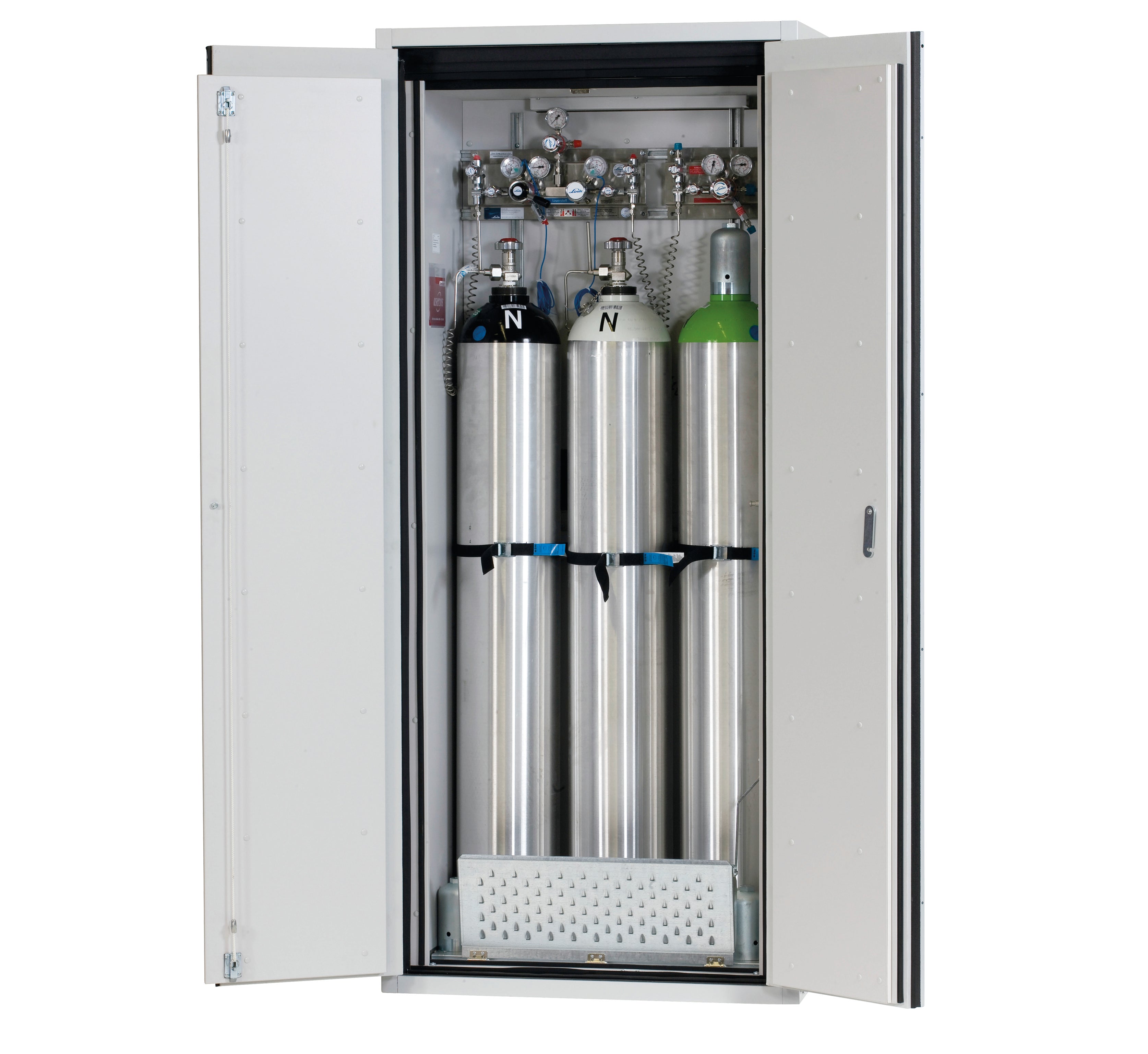 Type 90 compressed gas bottle cabinet G-ULTIMATE-90 model G90.205.090 in light gray RAL 7035 with comfortable interior fittings for 3x compressed gas bottles of 50 liters each