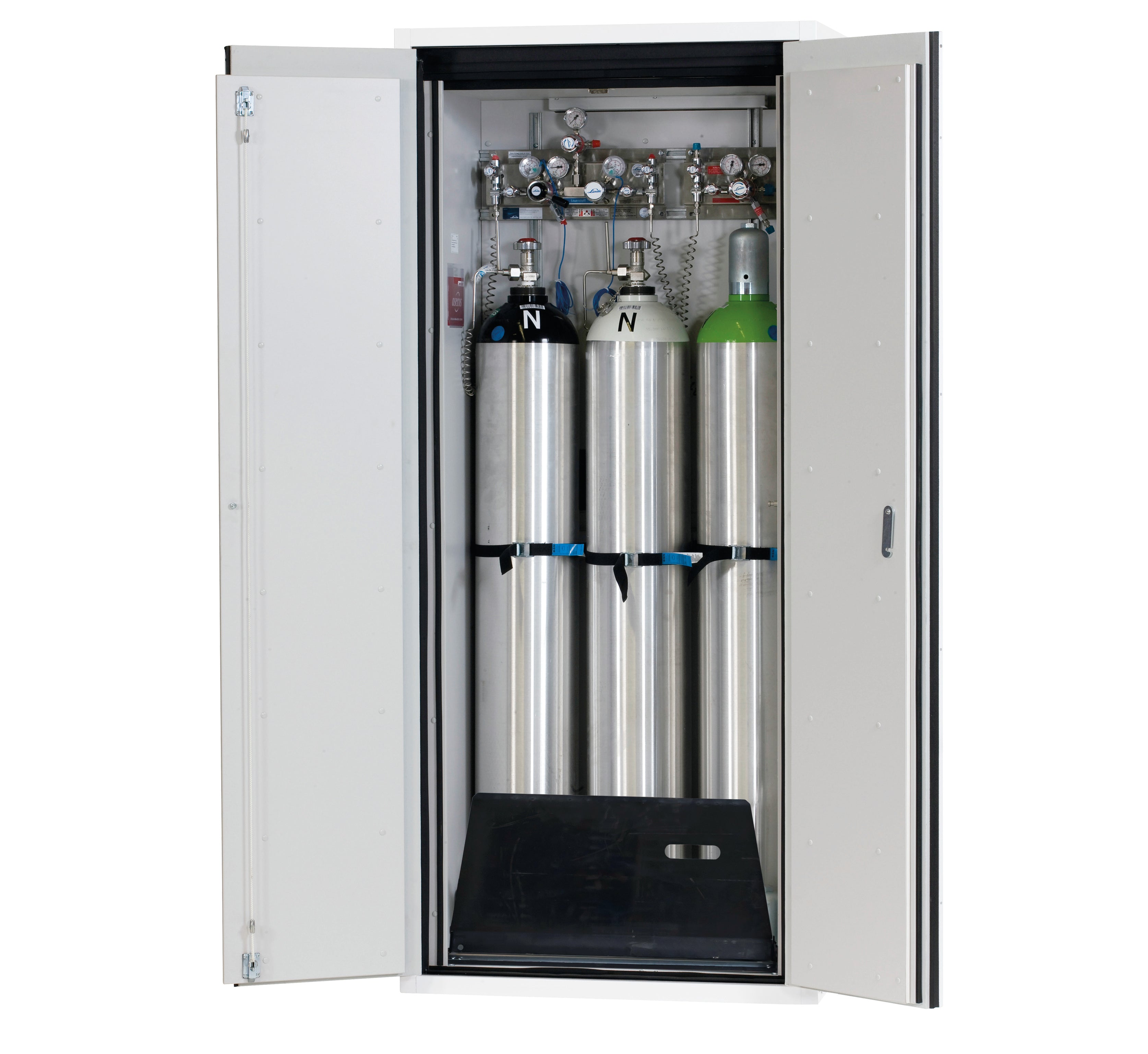 Type 90 compressed gas bottle cabinet G-ULTIMATE-90 model G90.205.090 in laboratory white (similar to RAL 9016) with standard interior fittings for 3x compressed gas bottles of 50 liters each