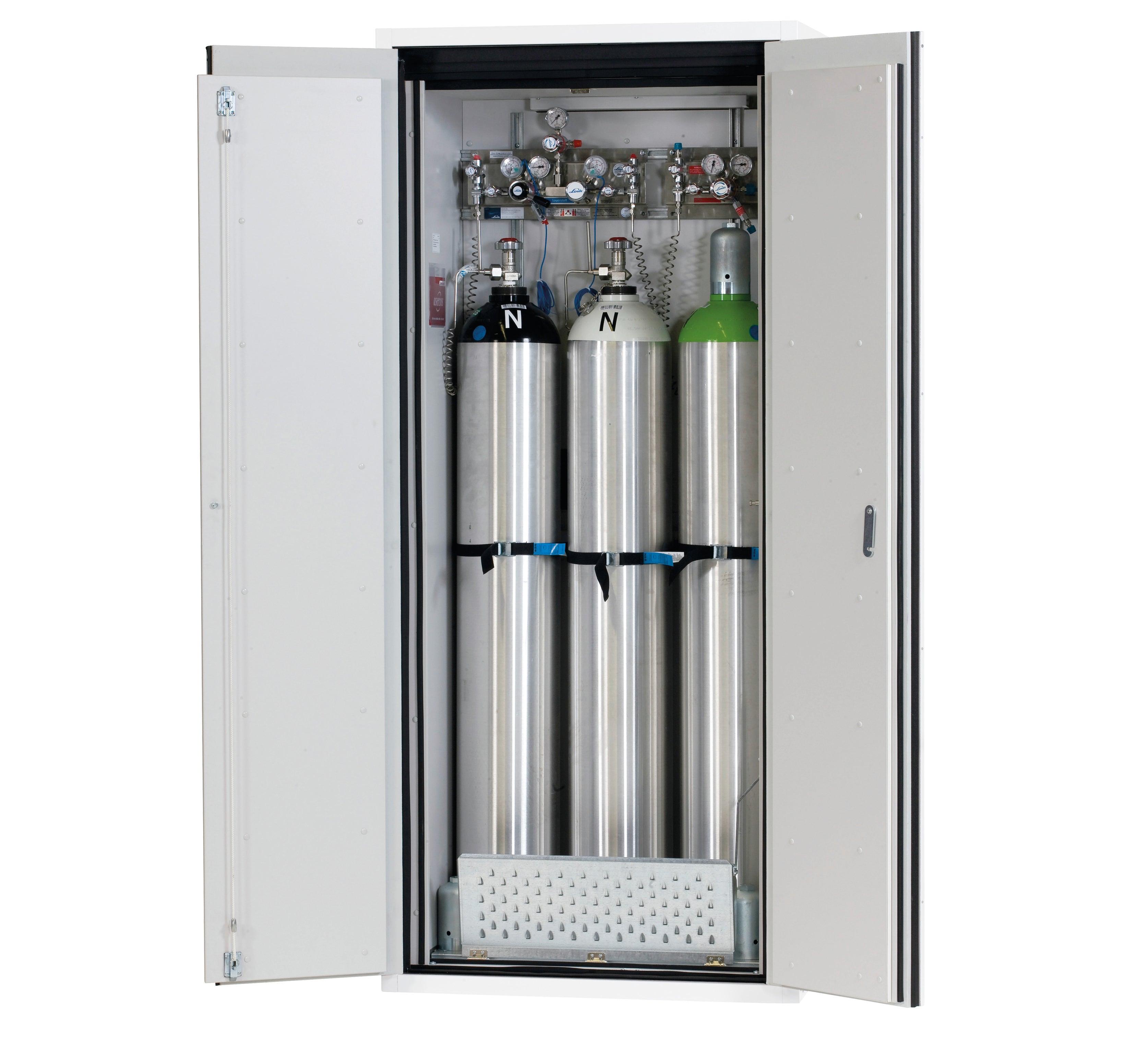 Type 90 compressed gas bottle cabinet G-ULTIMATE-90 model G90.205.090 in laboratory white (similar to RAL 9016) with comfortable interior fittings for 3x compressed gas bottles of 50 liters each