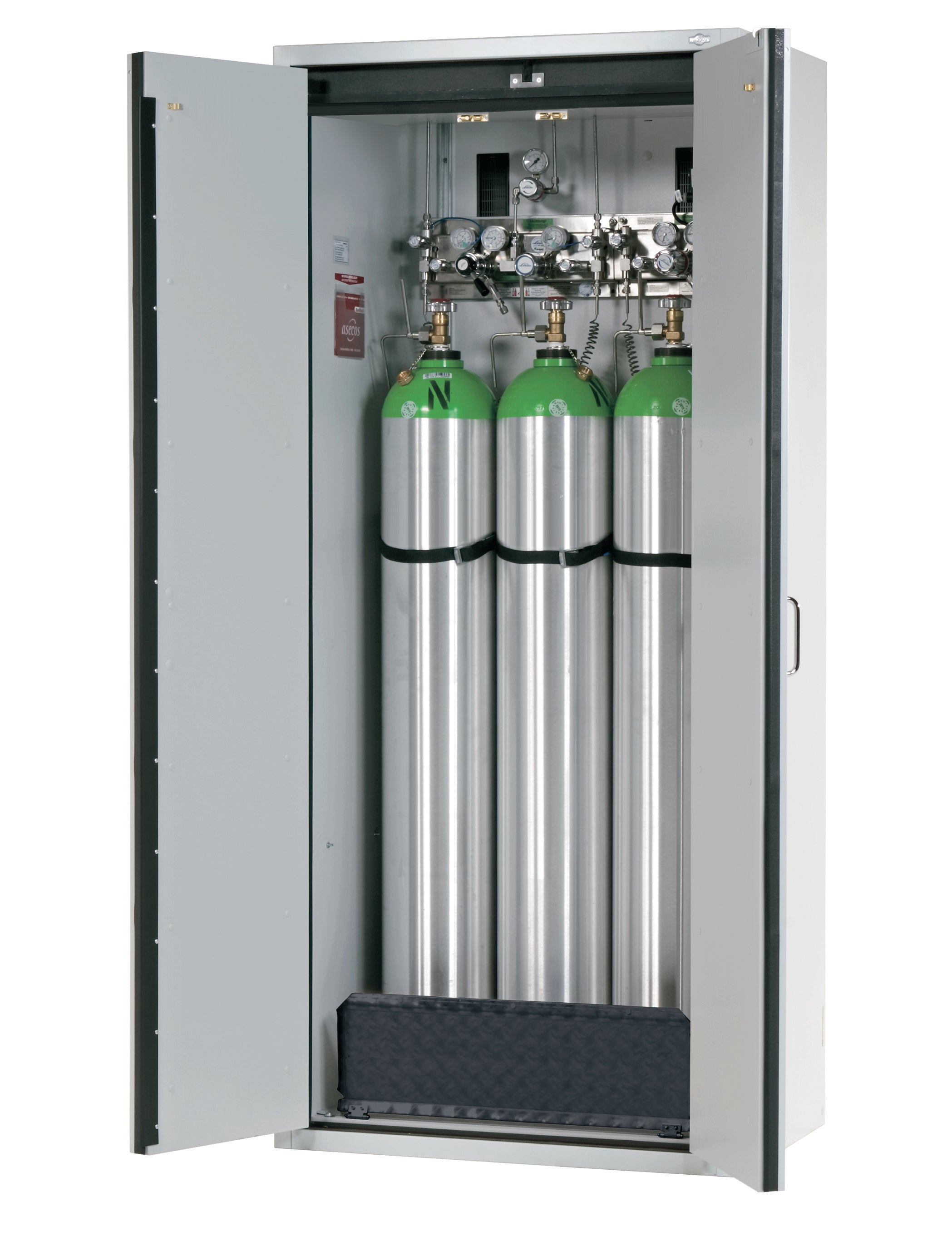 Type 30 compressed gas bottle cabinet G-CLASSIC-30 model G30.205.090 in light gray RAL 7035 with standard interior fittings for 3x compressed gas bottles of 50 liters each