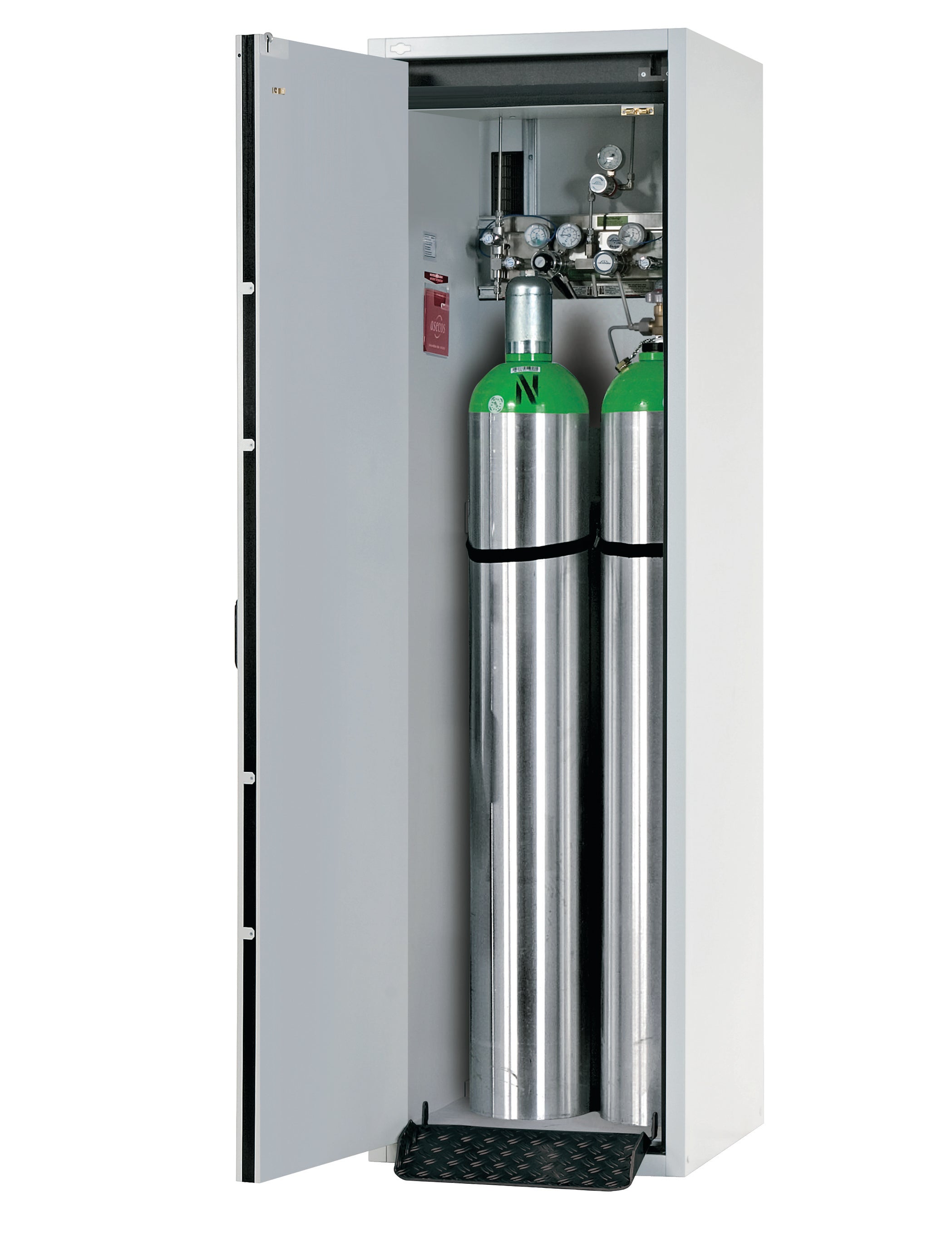 Type 30 compressed gas bottle cabinet G-CLASSIC-30 model G30.205.060 in light gray RAL 7035 with standard interior fittings for 2x compressed gas bottles of 50 liters each