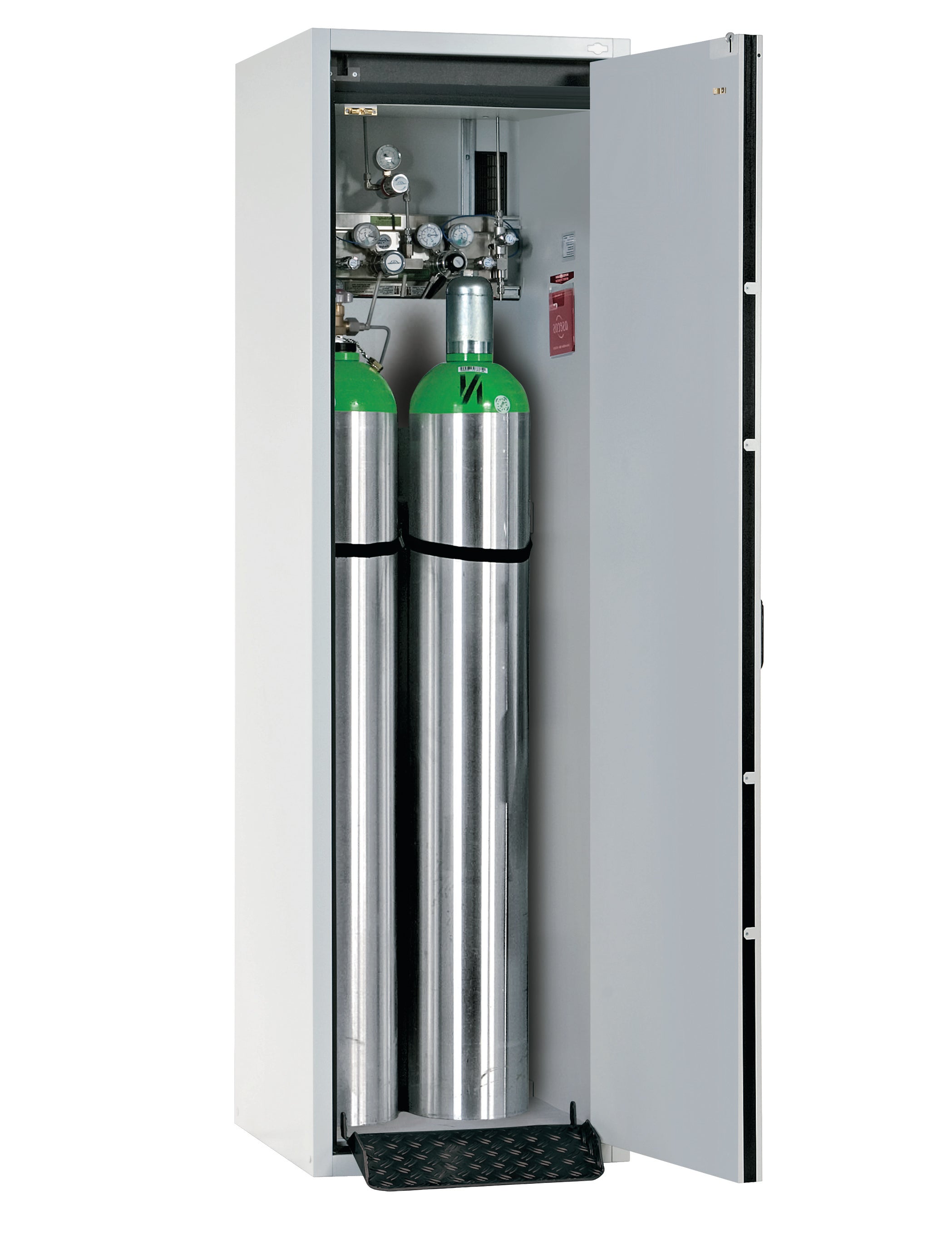 Type 30 compressed gas bottle cabinet G-CLASSIC-30 model G30.205.060.R in light gray RAL 7035 with standard interior fittings for 2x compressed gas bottles of 50 liters each