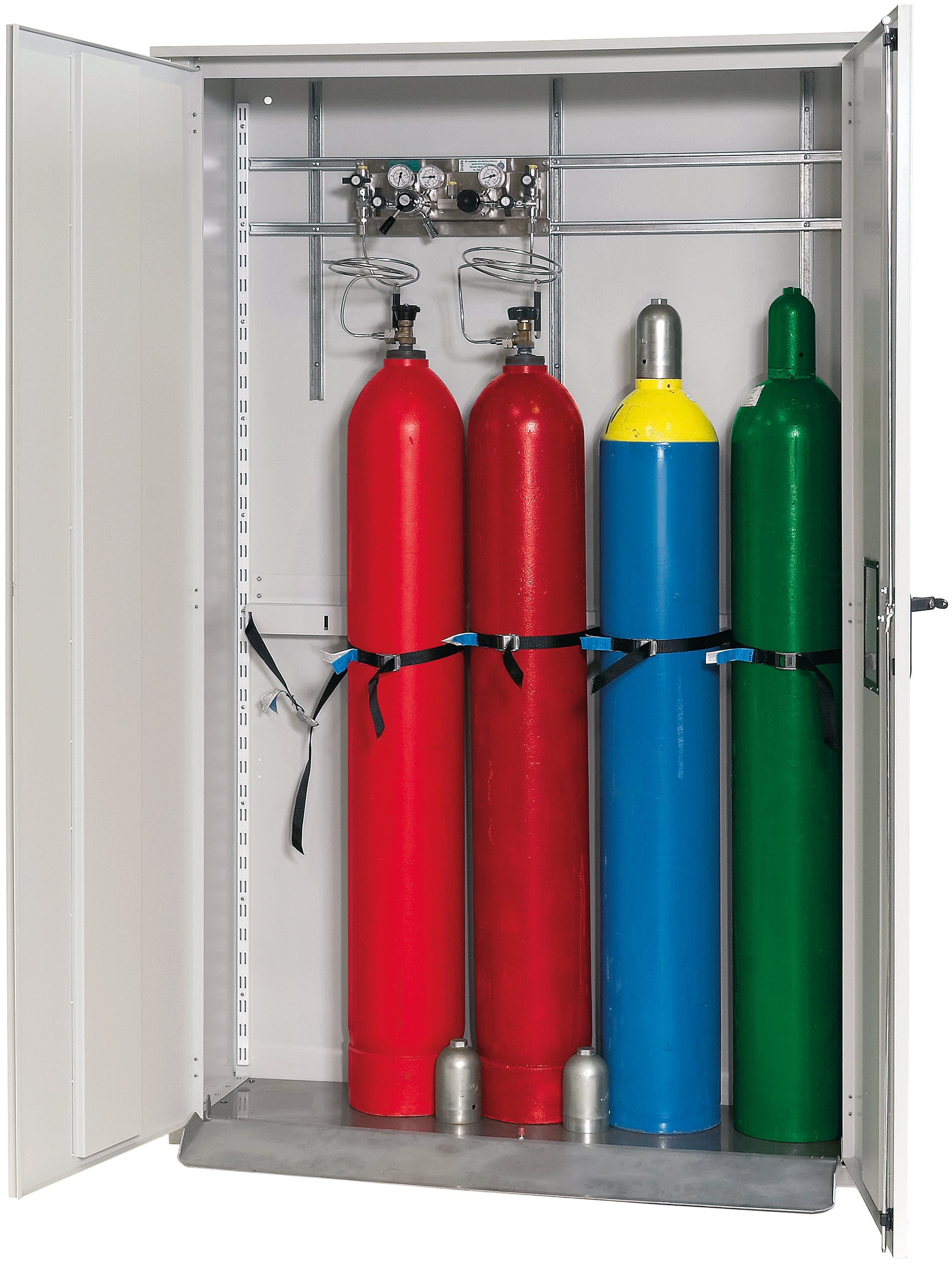 Compressed gas bottle cabinet G-OD model GOD.215.135 in light gray RAL 7035 with equipment package for 5x compressed gas bottles of 50 liters each
