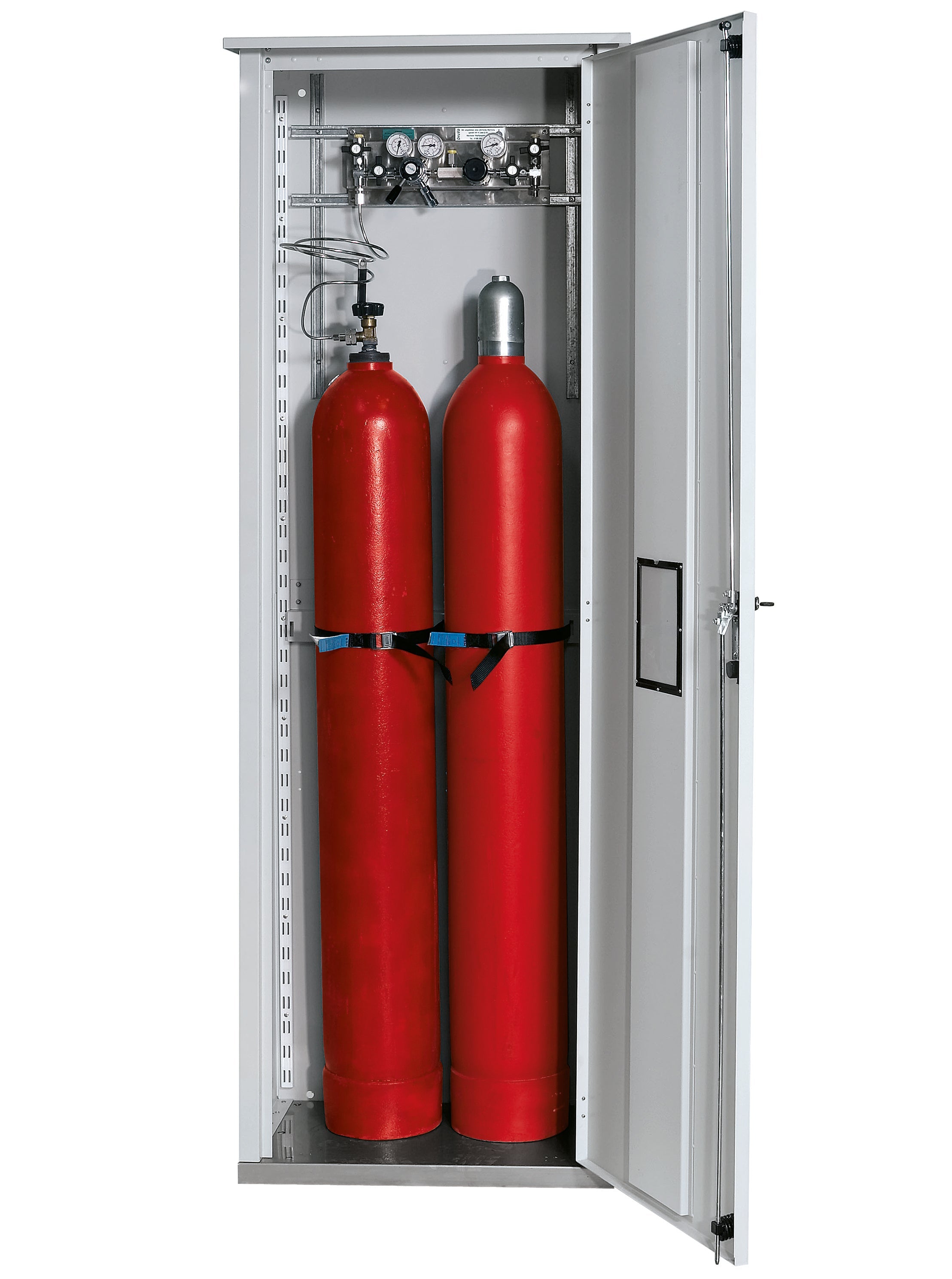 Compressed gas bottle cabinet G-OD model GOD.215.070.R in light gray RAL 7035 with equipment package for 2x compressed gas bottles of 50 liters each