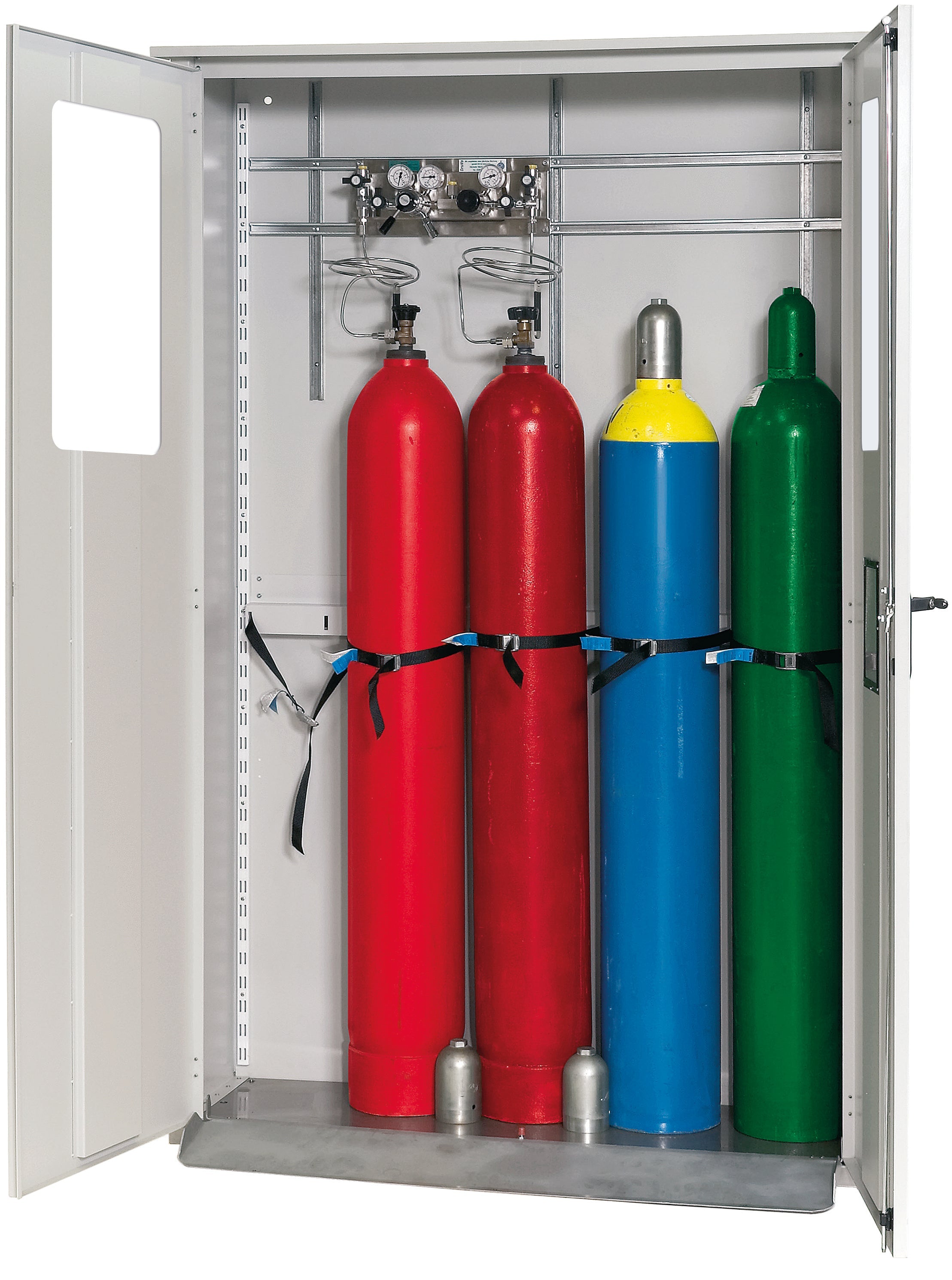 Compressed gas bottle cabinet G-OD model GOD.215.135.WDFW in light gray RAL 7035 with fixed window and equipment package for 5x compressed gas bottles of 50 liters each