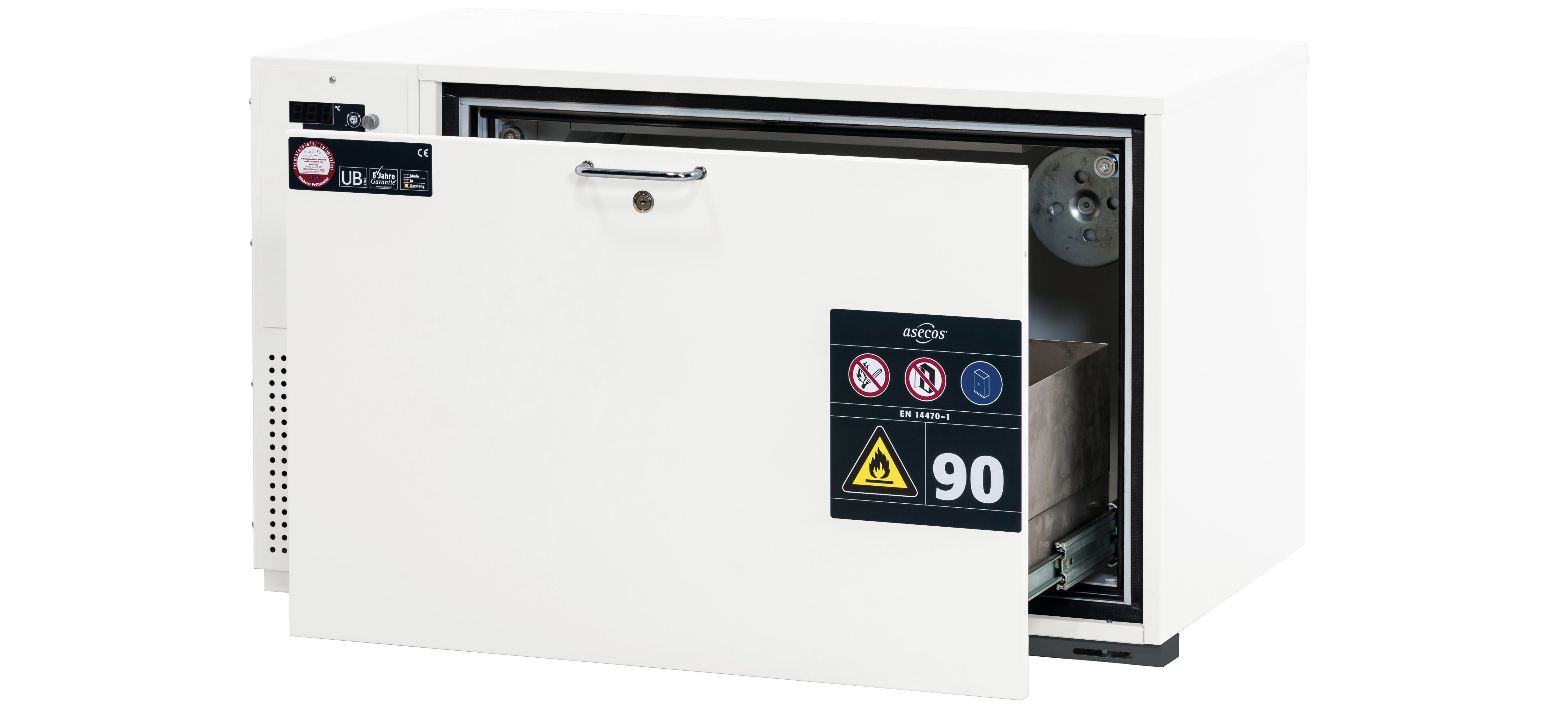 Meuble bas de réfrigérateur type 90 UB-S-90K modèle UB90.060.110.KU.S en blanc de laboratoire (similaire à RAL 9016) avec 1x plateau à tiroirs STAWA-R (acier inoxydable 1.4301)