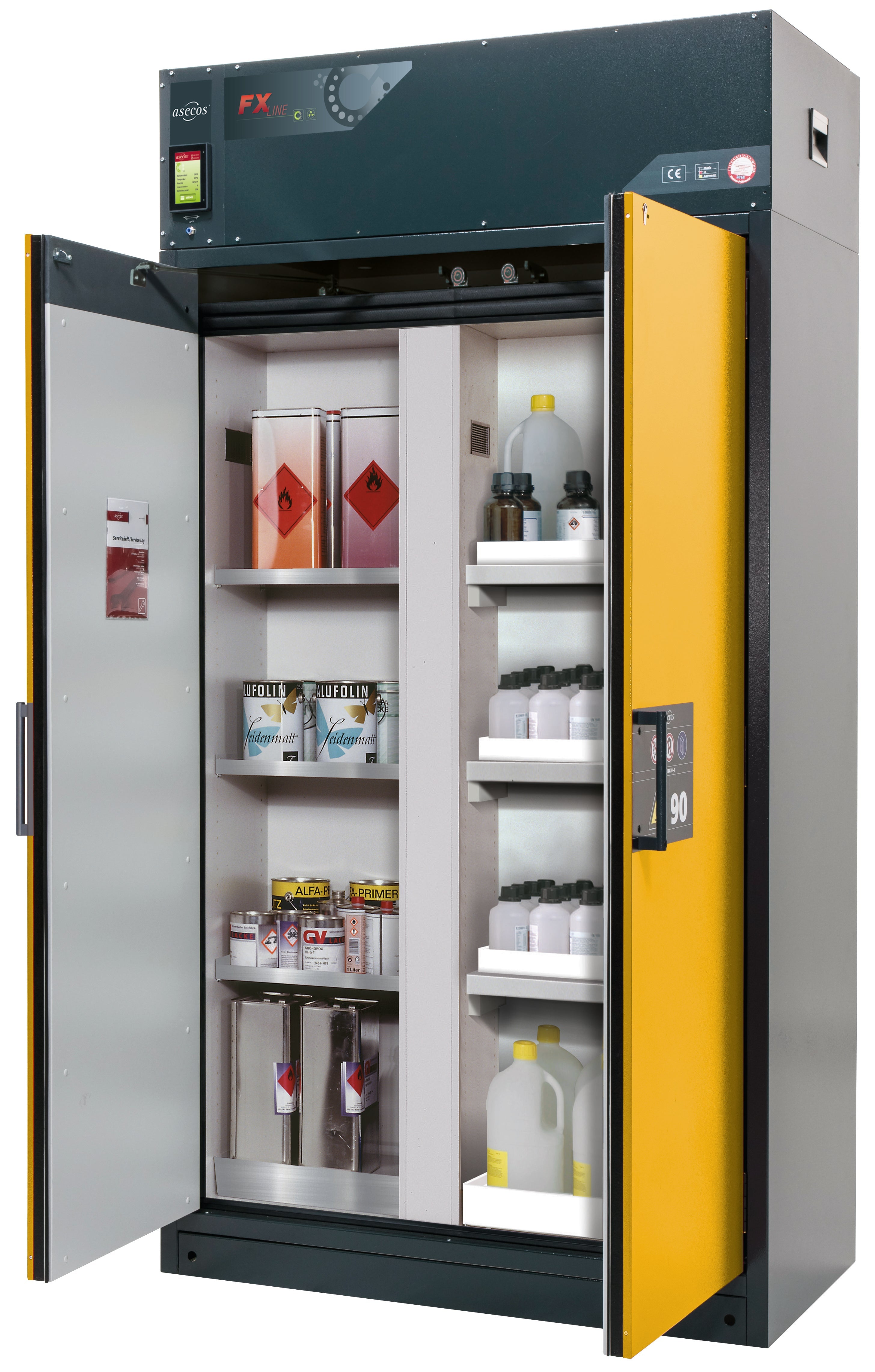 Type 90 recirculating air filter cabinet FX-CLASSIC-90 model FX90.229.120.MV in safety yellow RAL 1004 with 3x standard shelves (stainless steel 1.4301)