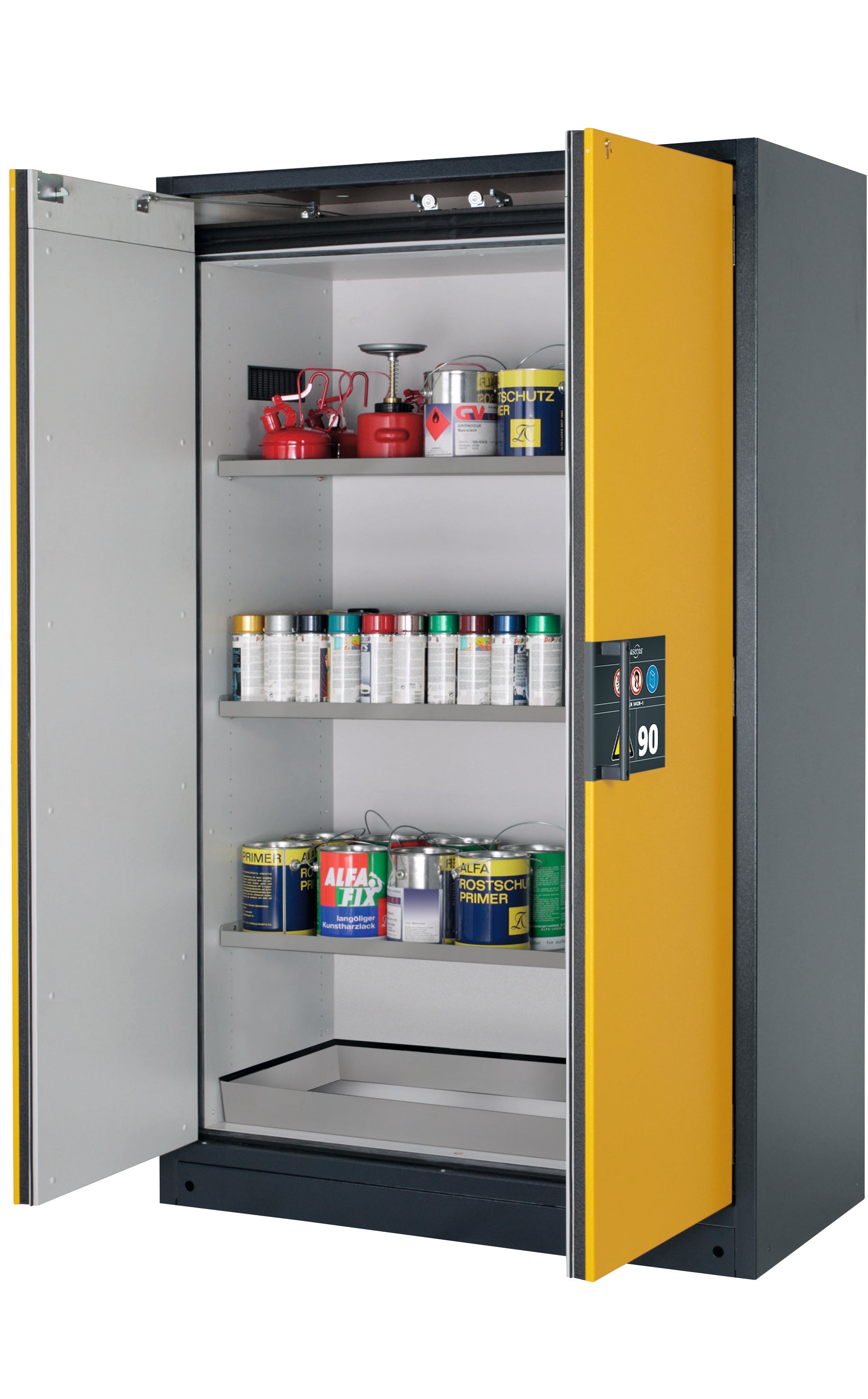 Type 90 safety storage cabinet Q-CLASSIC-90 model Q90.195.120 in warning yellow RAL 1004 with 3x shelf standard (stainless steel 1.4301),
