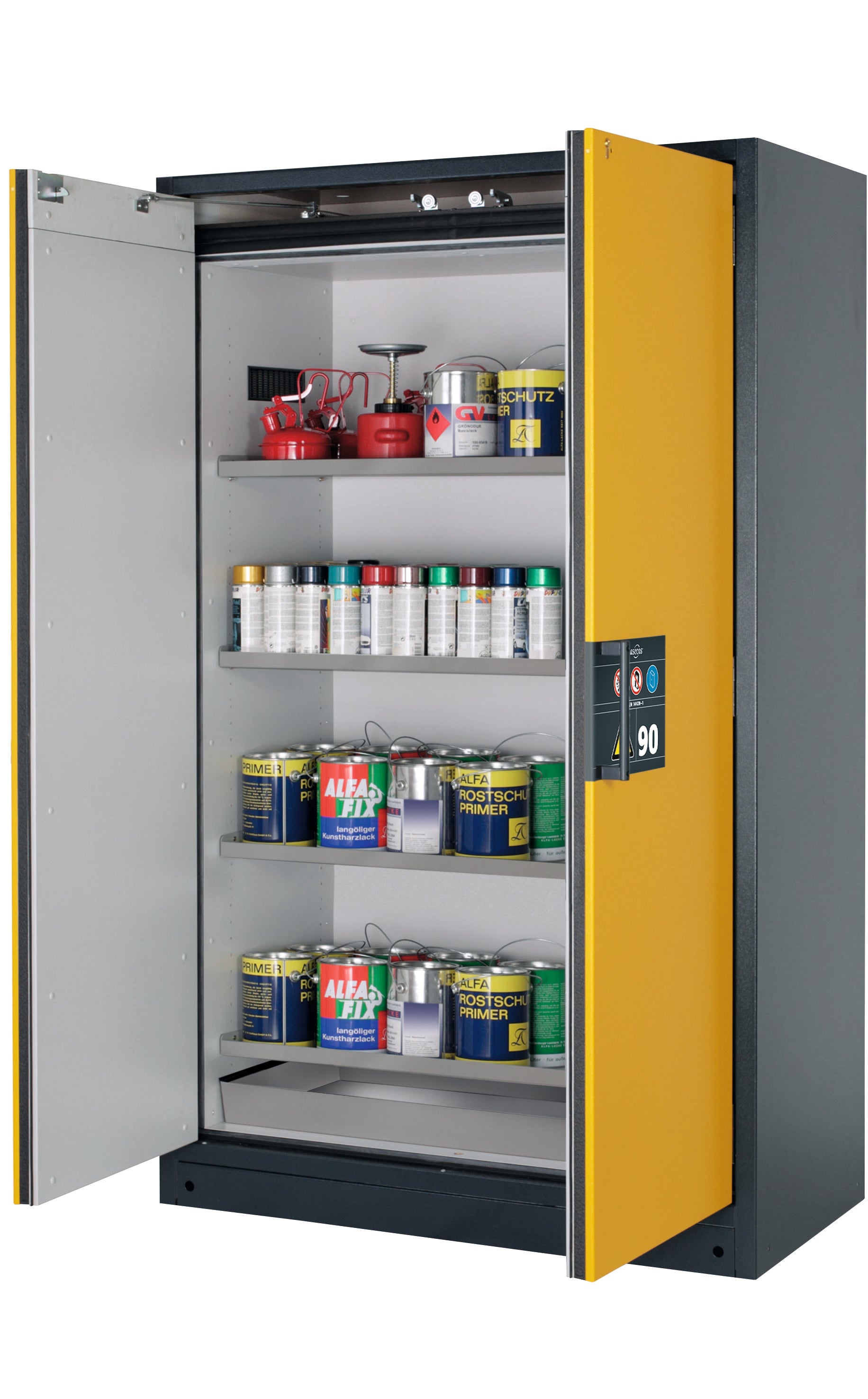 Type 90 safety storage cabinet Q-CLASSIC-90 model Q90.195.120 in warning yellow RAL 1004 with 4x shelf standard (stainless steel 1.4301),