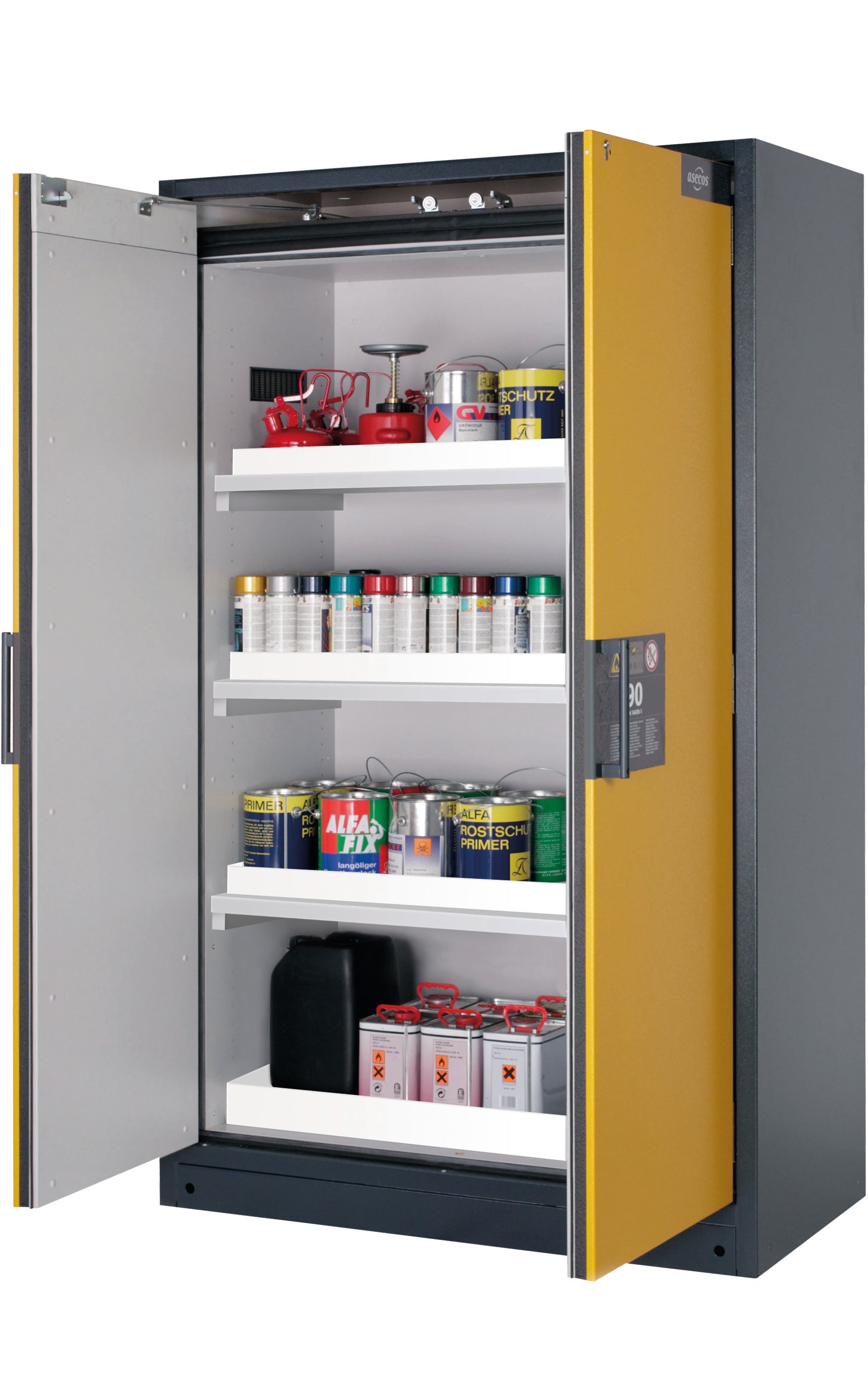 Type 90 safety storage cabinet Q-CLASSIC-90 model Q90.195.120 in warning yellow RAL 1004 with 3x tray shelf (standard) (polypropylene),