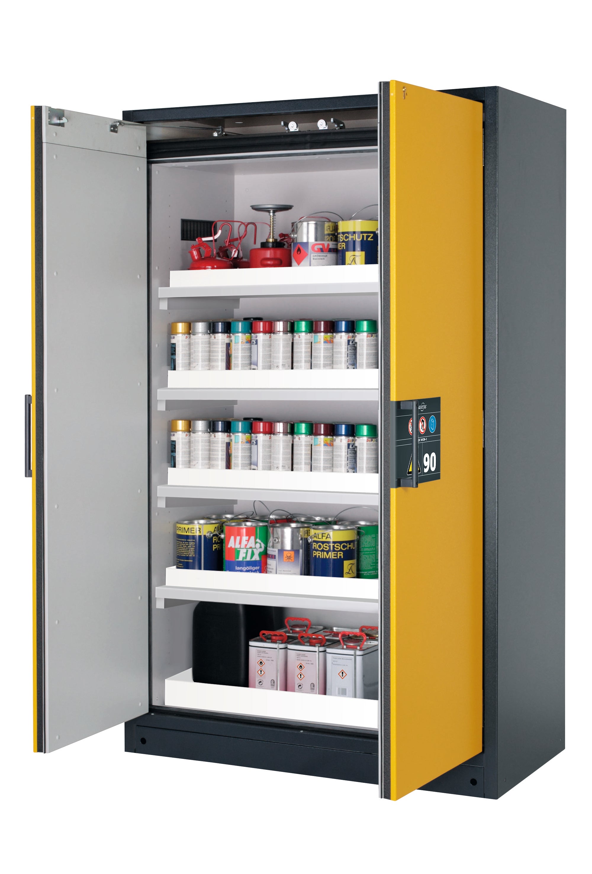 Type 90 safety storage cabinet Q-CLASSIC-90 model Q90.195.120 in warning yellow RAL 1004 with 4x tray shelf (standard) (polypropylene),