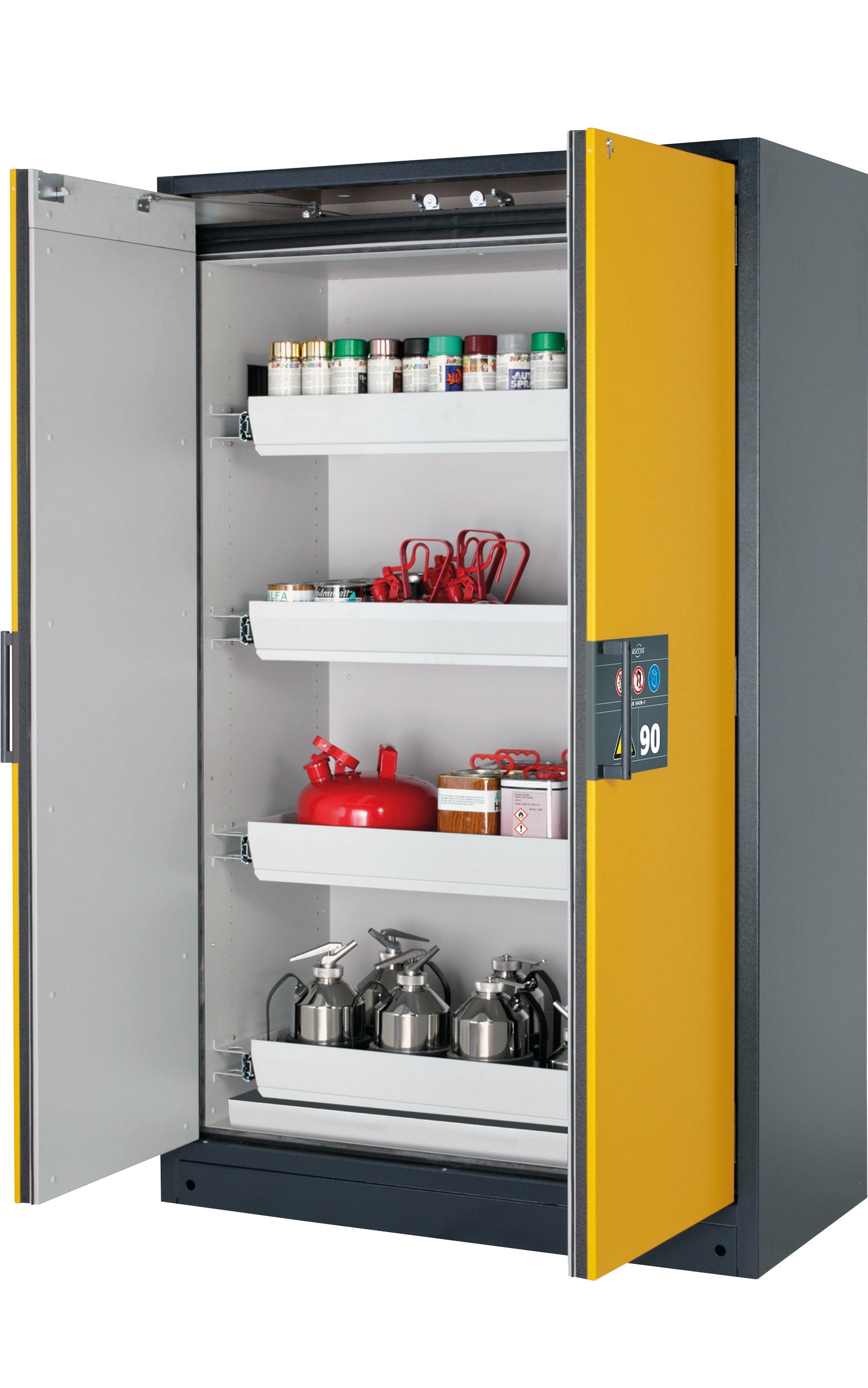 Type 90 safety storage cabinet Q-CLASSIC-90 model Q90.195.120 in warning yellow RAL 1004 with 4x drawer (standard) (sheet steel),