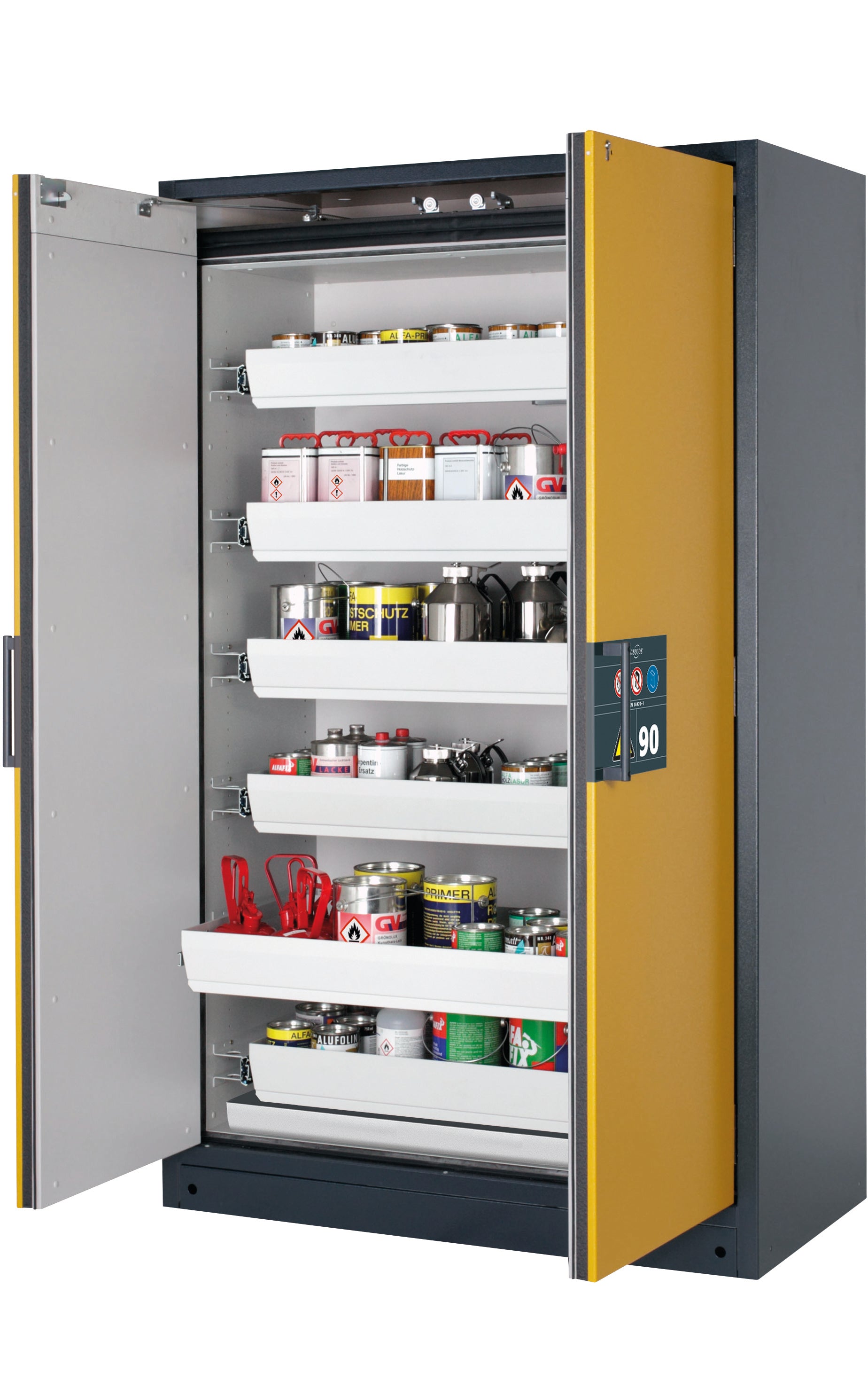 Type 90 safety storage cabinet Q-CLASSIC-90 model Q90.195.120 in warning yellow RAL 1004 with 6x drawer (standard) (sheet steel),