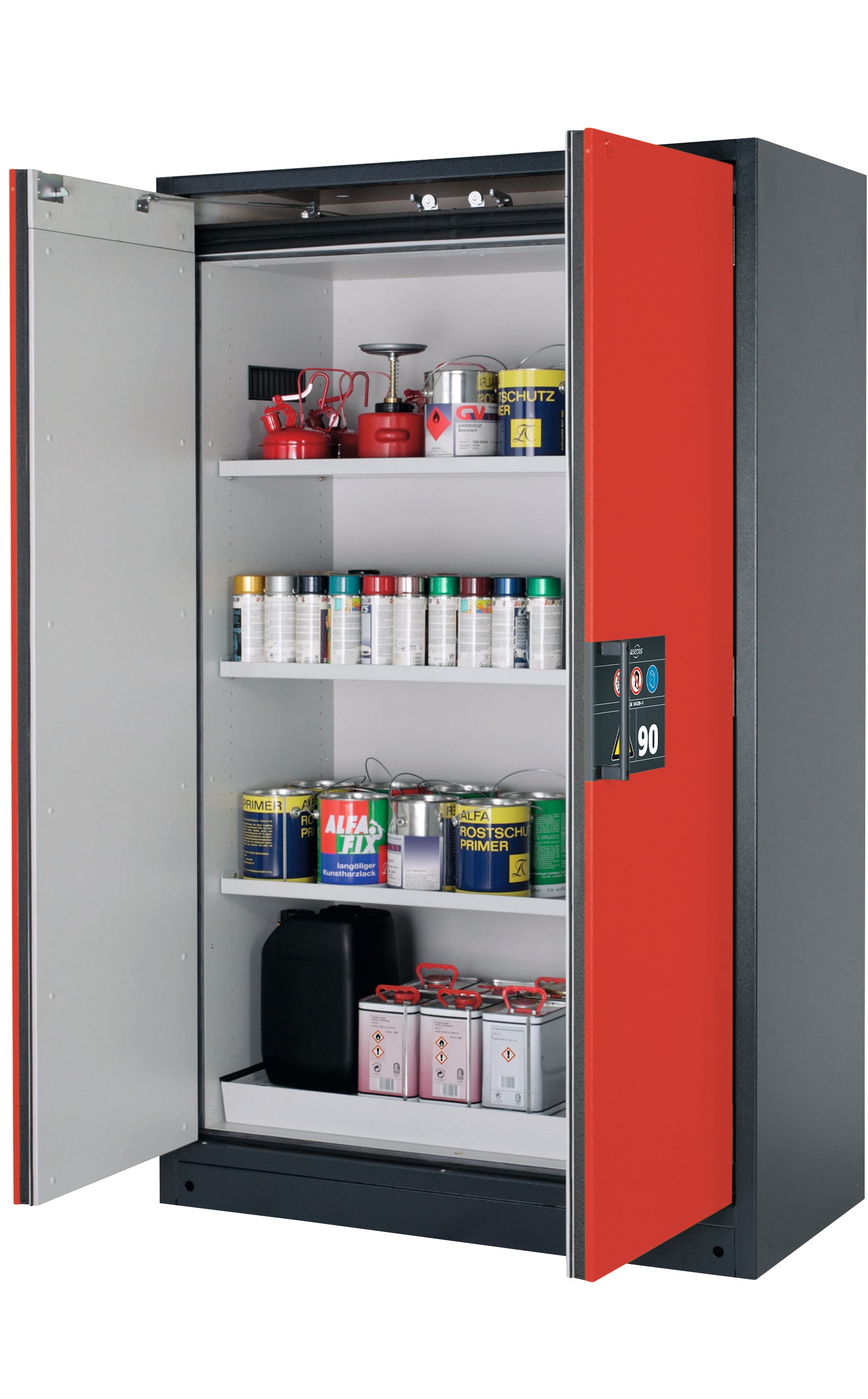 Type 90 safety storage cabinet Q-CLASSIC-90 model Q90.195.120 in traffic red RAL 3020 with 3x shelf standard (sheet steel),