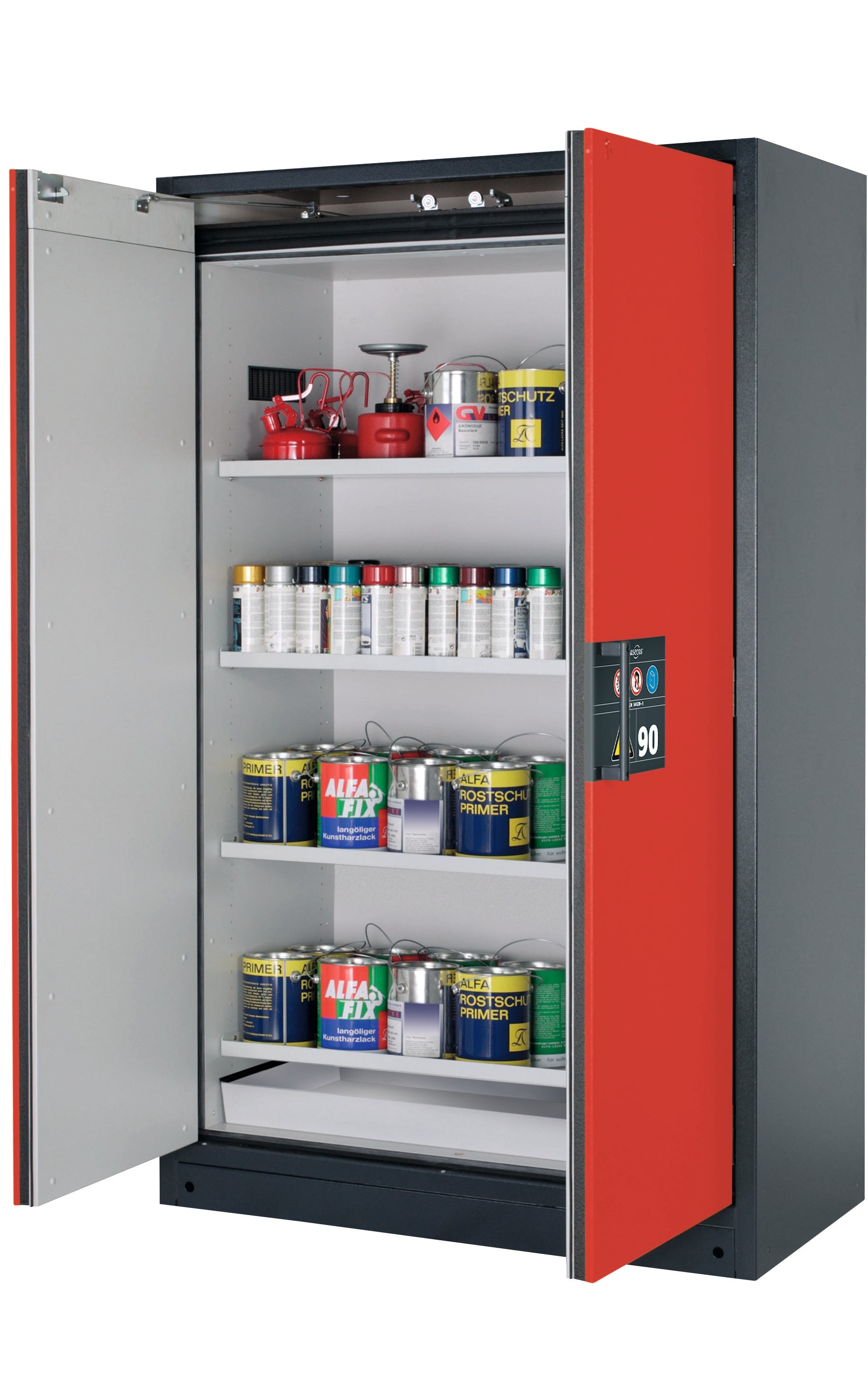 Type 90 safety storage cabinet Q-CLASSIC-90 model Q90.195.120 in traffic red RAL 3020 with 4x shelf standard (sheet steel),