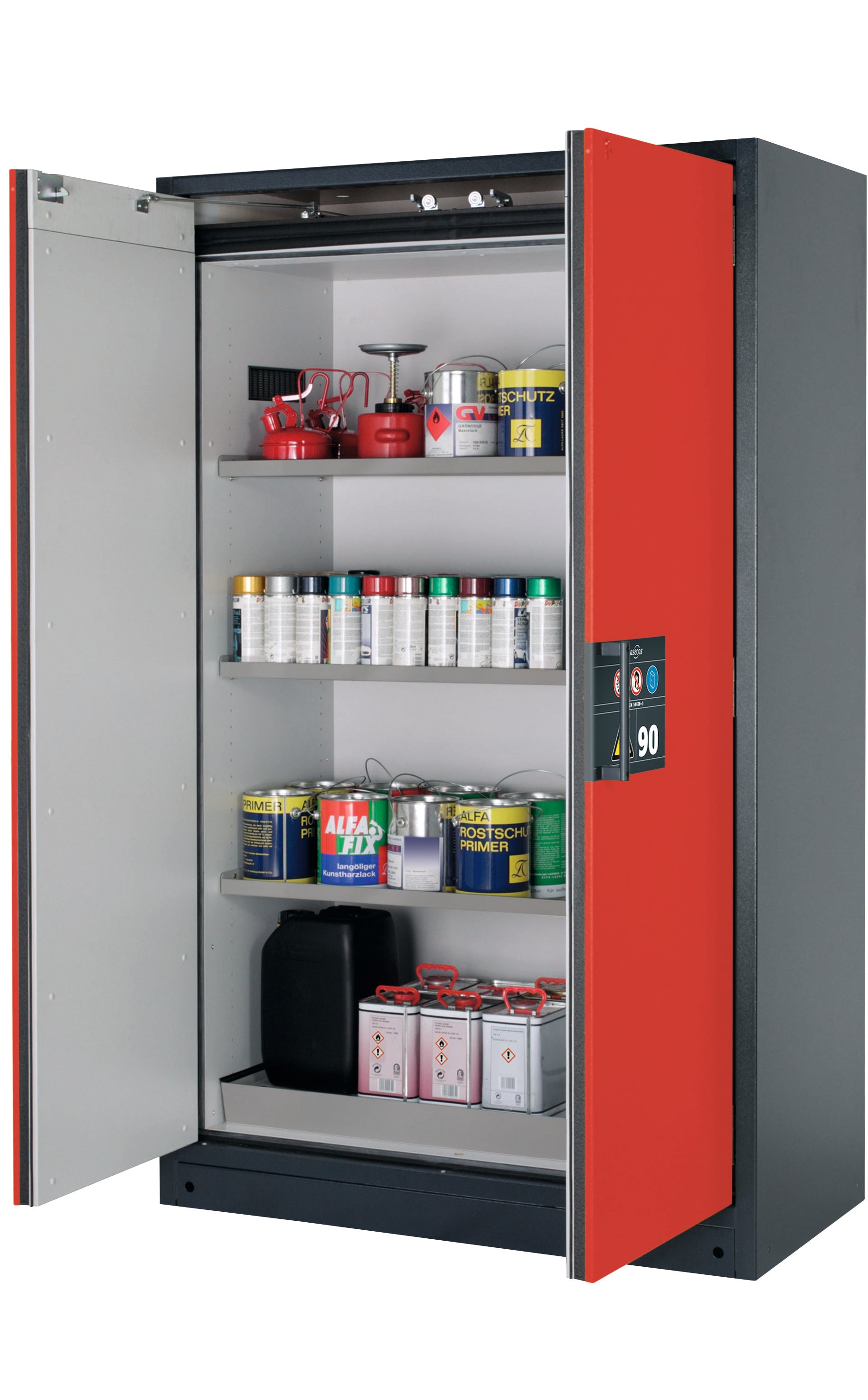 Type 90 safety storage cabinet Q-CLASSIC-90 model Q90.195.120 in traffic red RAL 3020 with 3x shelf standard (stainless steel 1.4301),