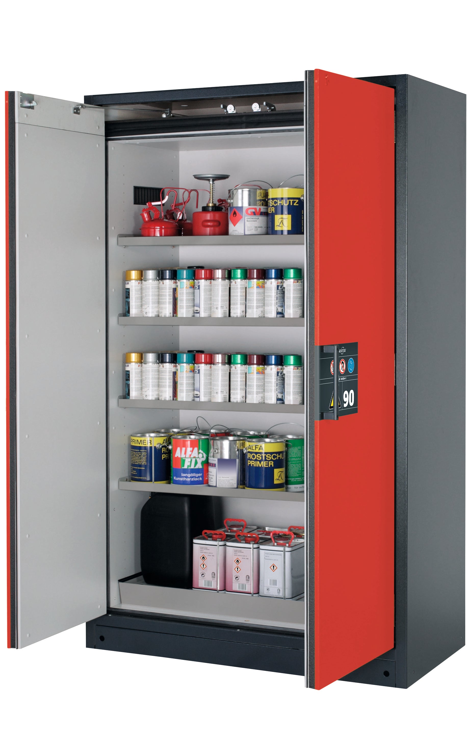 Type 90 safety storage cabinet Q-CLASSIC-90 model Q90.195.120 in traffic red RAL 3020 with 4x shelf standard (stainless steel 1.4301),