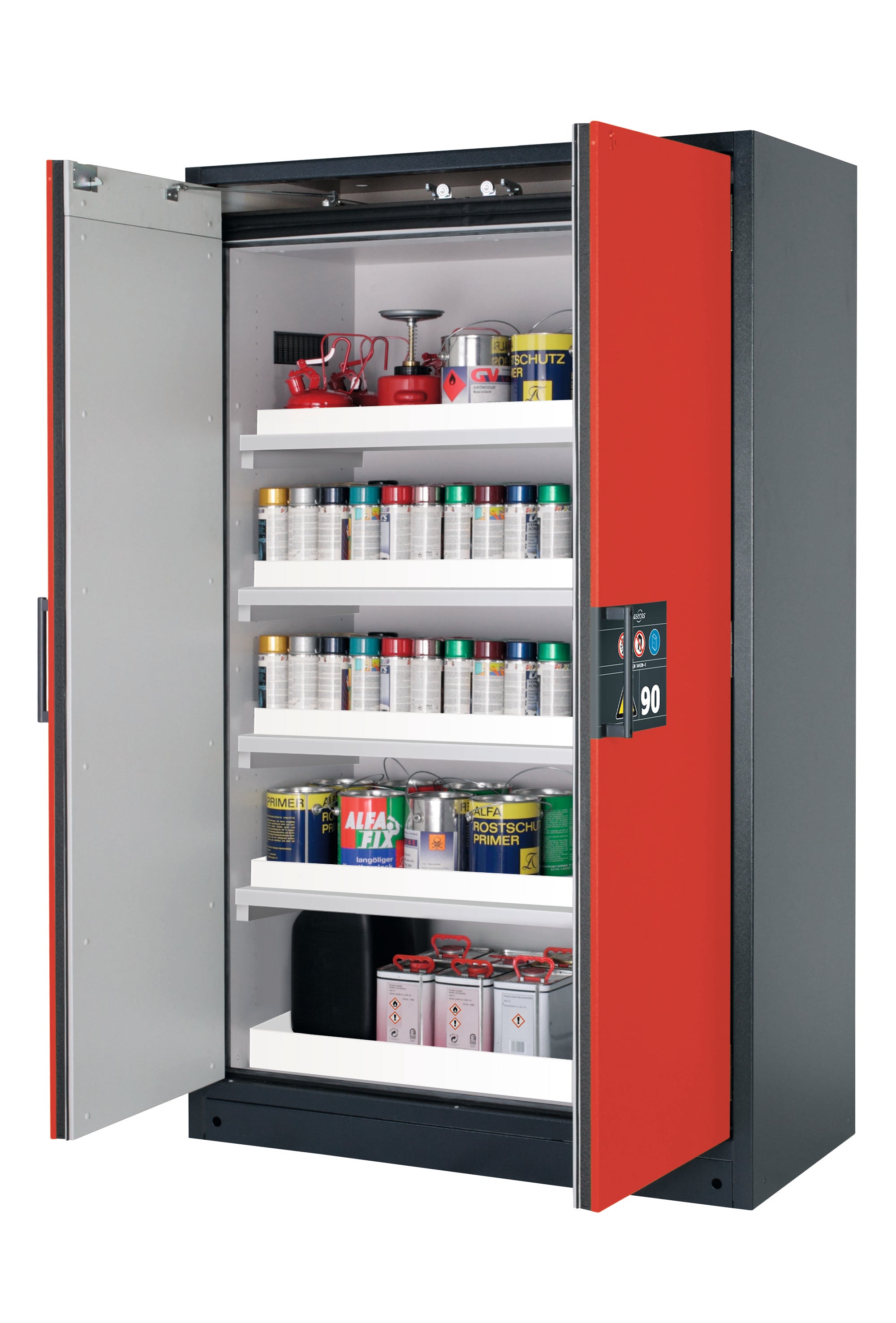 Type 90 safety storage cabinet Q-CLASSIC-90 model Q90.195.120 in traffic red RAL 3020 with 4x tray shelf (standard) (polypropylene),