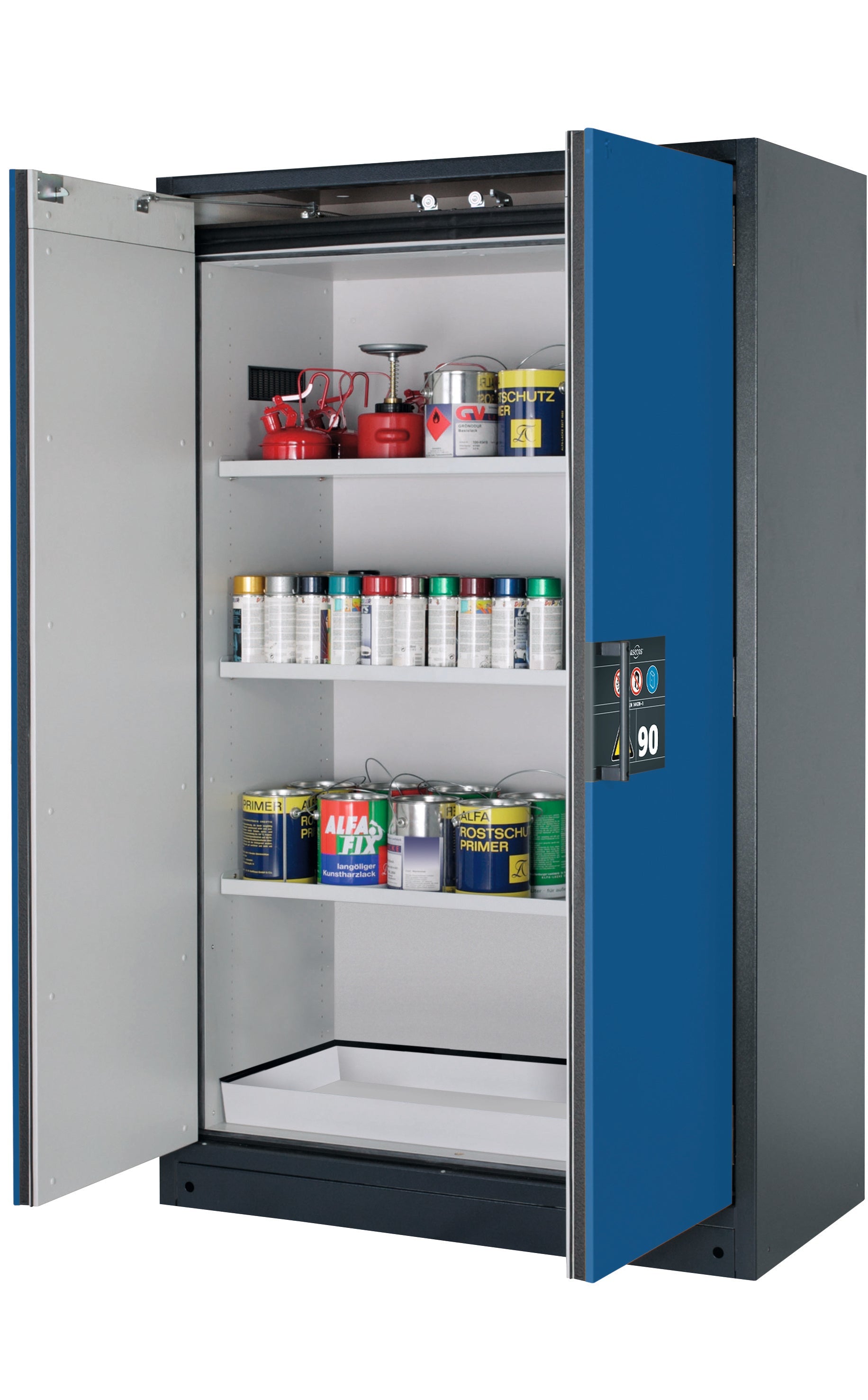 Type 90 safety storage cabinet Q-CLASSIC-90 model Q90.195.120 in gentian blue RAL 5010 with 3x shelf standard (sheet steel),
