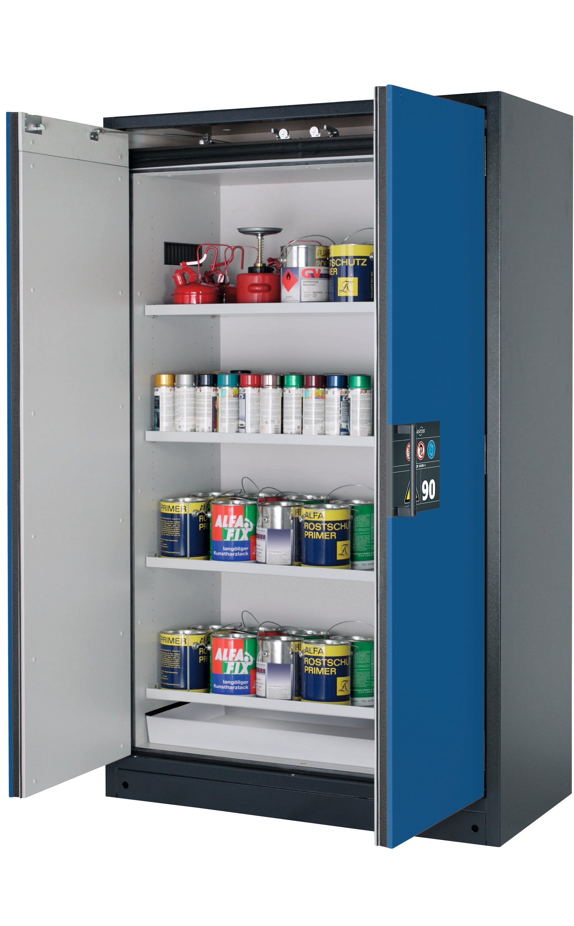 Type 90 safety storage cabinet Q-CLASSIC-90 model Q90.195.120 in gentian blue RAL 5010 with 4x shelf standard (sheet steel),