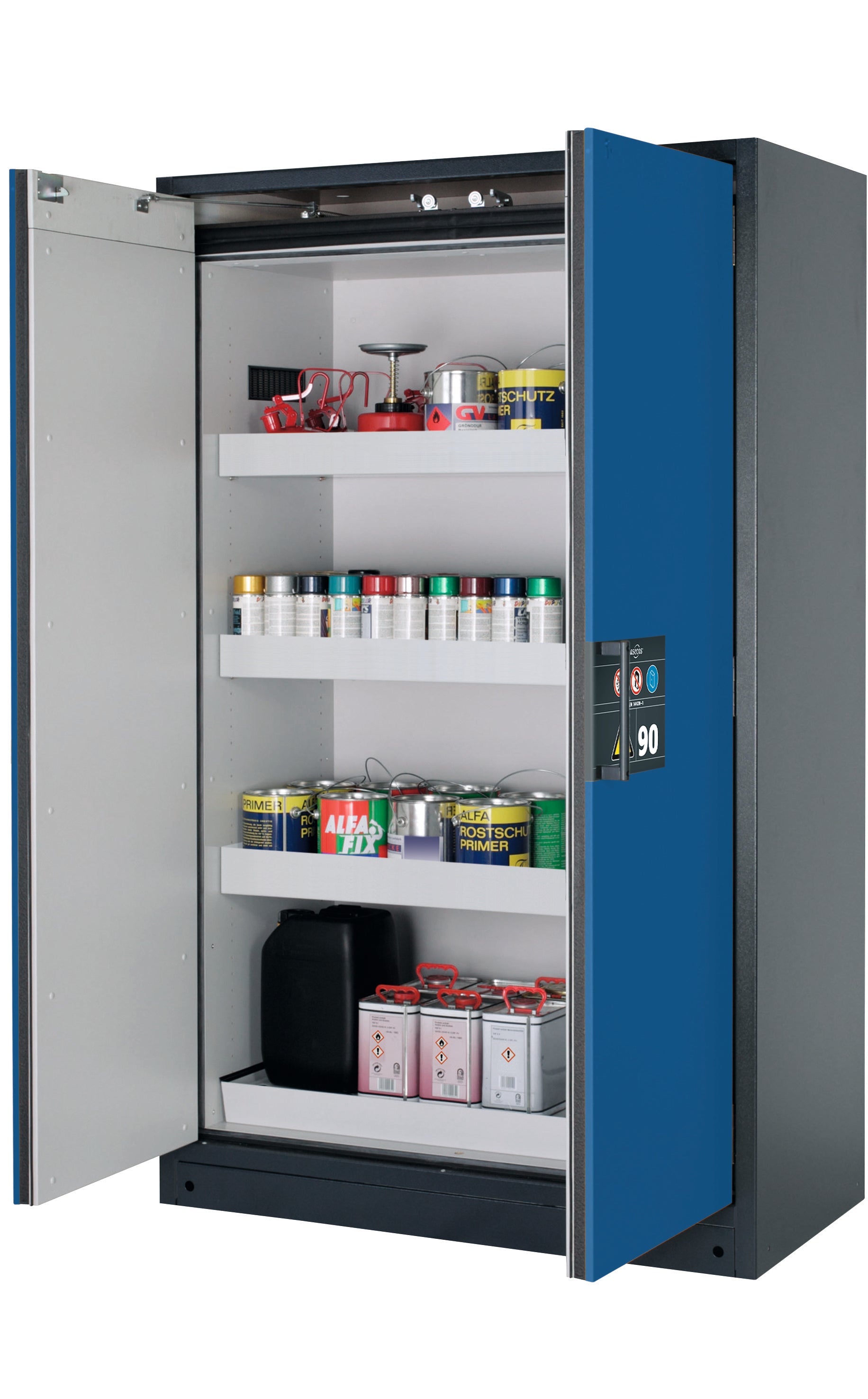 Type 90 safety storage cabinet Q-CLASSIC-90 model Q90.195.120 in gentian blue RAL 5010 with 3x tray shelf (standard) (sheet steel),