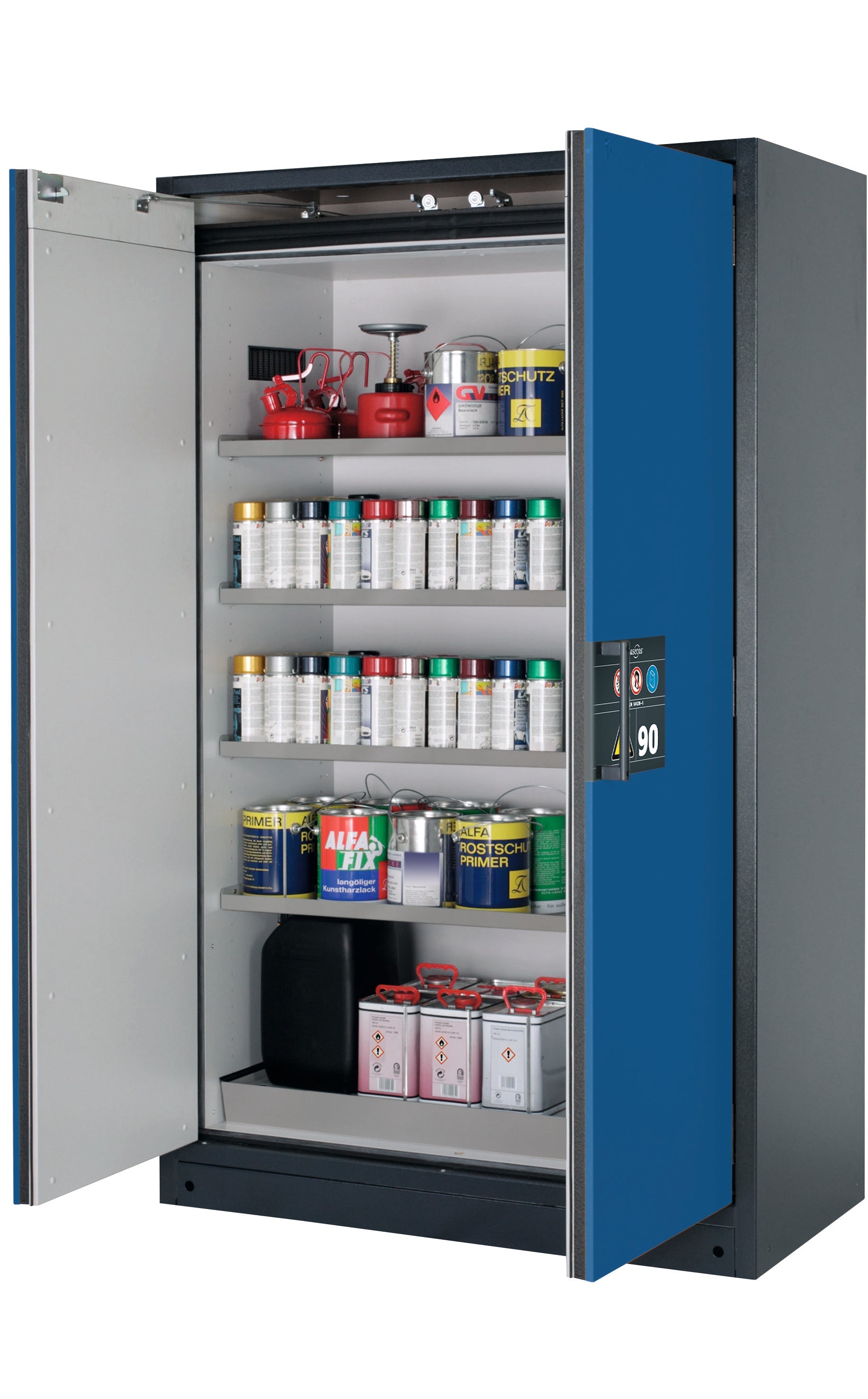 Type 90 safety storage cabinet Q-CLASSIC-90 model Q90.195.120 in gentian blue RAL 5010 with 4x shelf standard (stainless steel 1.4301),