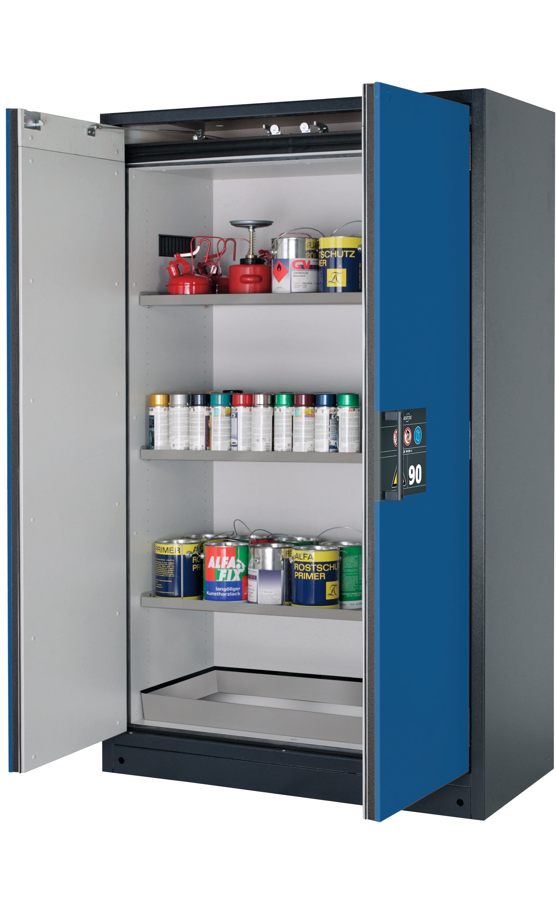 Type 90 safety storage cabinet Q-CLASSIC-90 model Q90.195.120 in gentian blue RAL 5010 with 3x shelf standard (stainless steel 1.4301),